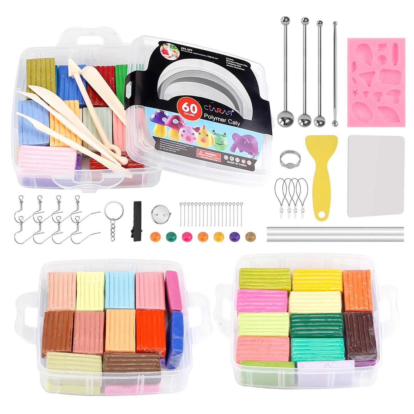 CiaraQ Polymer Clay 60 Colors Starter Kit - Oven Bake Modeling Clay for Kids & Artists, Non-Sticky DIY Clay with Sculpting Tools, Fun Gift for Children Ages 4+, 4.7 lb