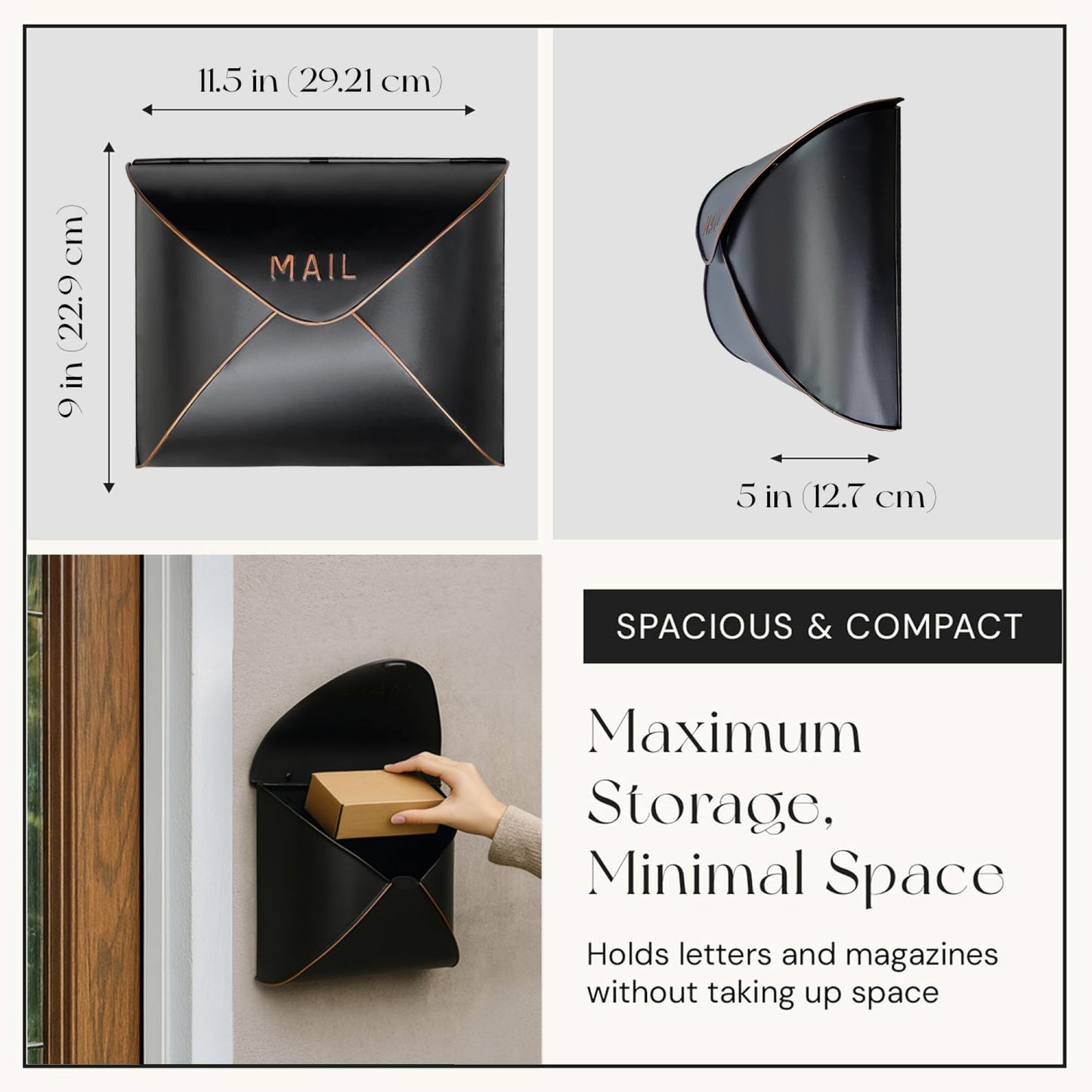 NACH Black Mailbox Wall Mount, 11.5 x 9 x 4.5 inch Wall Mount Mailboxes for Outside, Waterproof Mailboxes for Outside - Envelope Mailbox - Ships from Canada