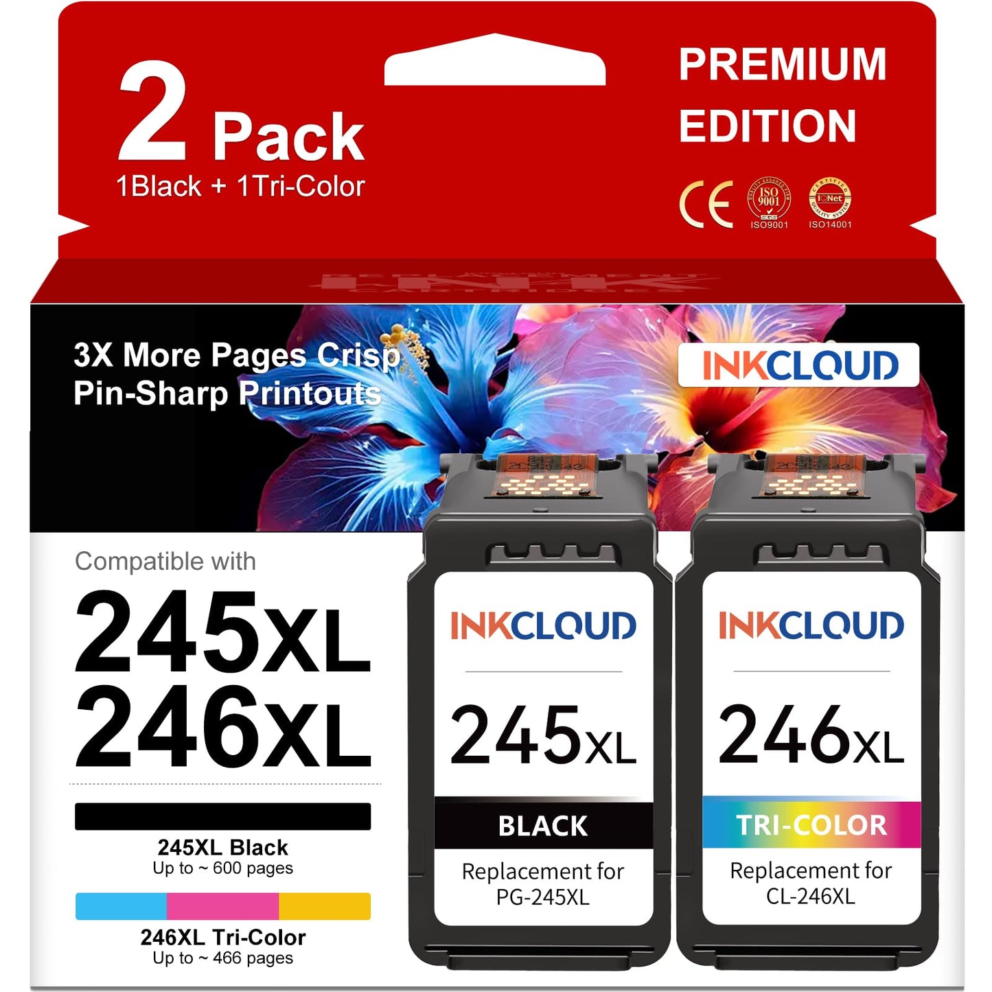 Ink Cartridges Compatible with Canon PG-245XL CL-246XL PG-243 CL-244 for Canon Pixma MX492 MX490 MG3022 MG2920 MG2522 TR4520 TS3122 TS202 MG2420 MG2520 MG2922 IP2820 Printer Ink (1 Black,1 Tri-Color)