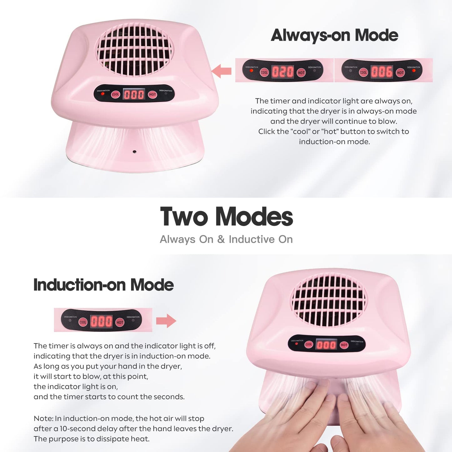 Air Nail Dryer with Automatic Sensor, 300W Timing Air Nail Fan Blow Dryer for Both Hands and Feet, Warm & Cool Wind Blower Dryer for Regular Nail Polish, Home and Salon Use No Harmful (Pink)
