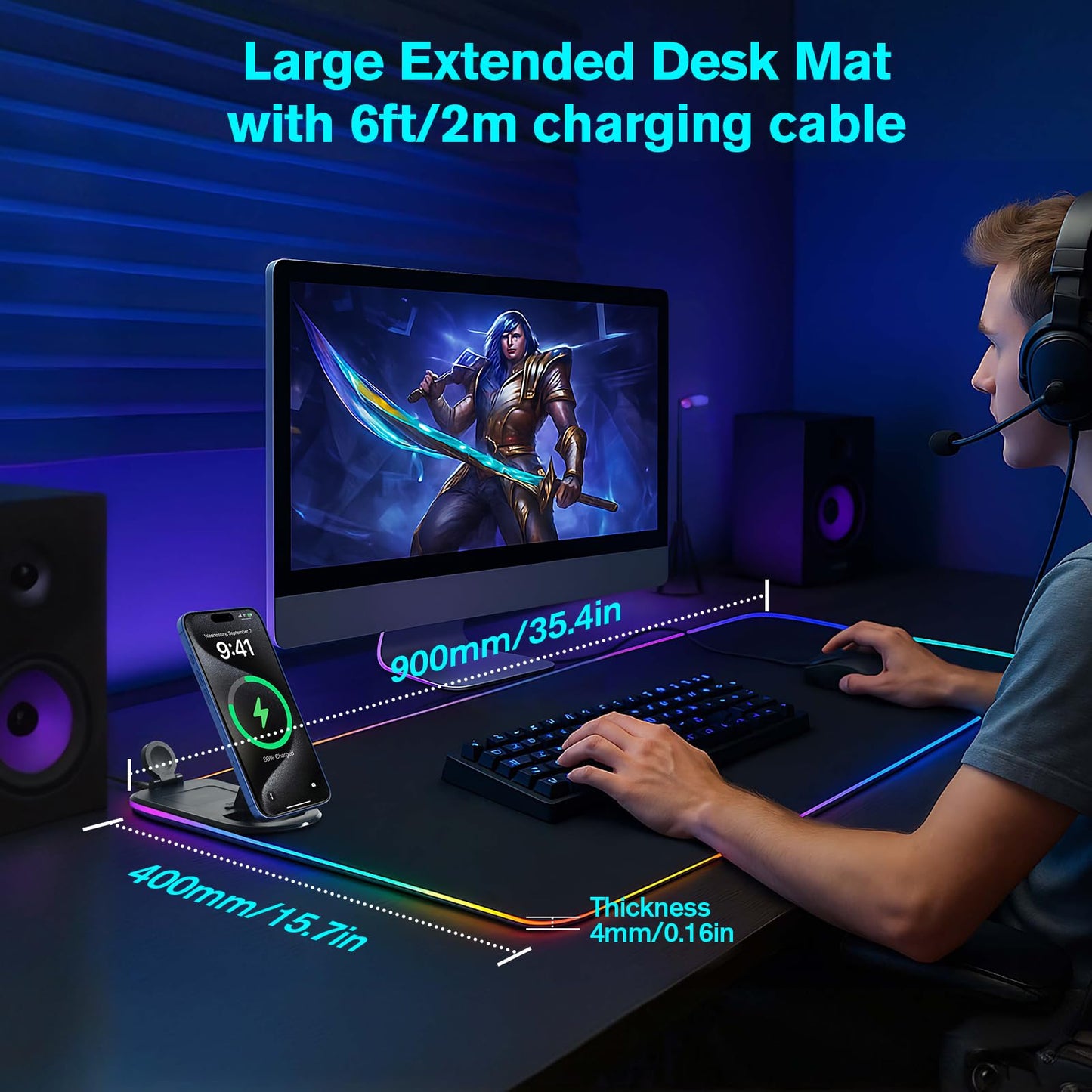 ELUTENG 4in1 RGB Gaming Mouse Pad with Wireless Charging & Phone Holder, Waterproof Large Desk Mat 35.43"x15.75", Ultra-Smooth Non-Slip Keyboard Pad for Home Office