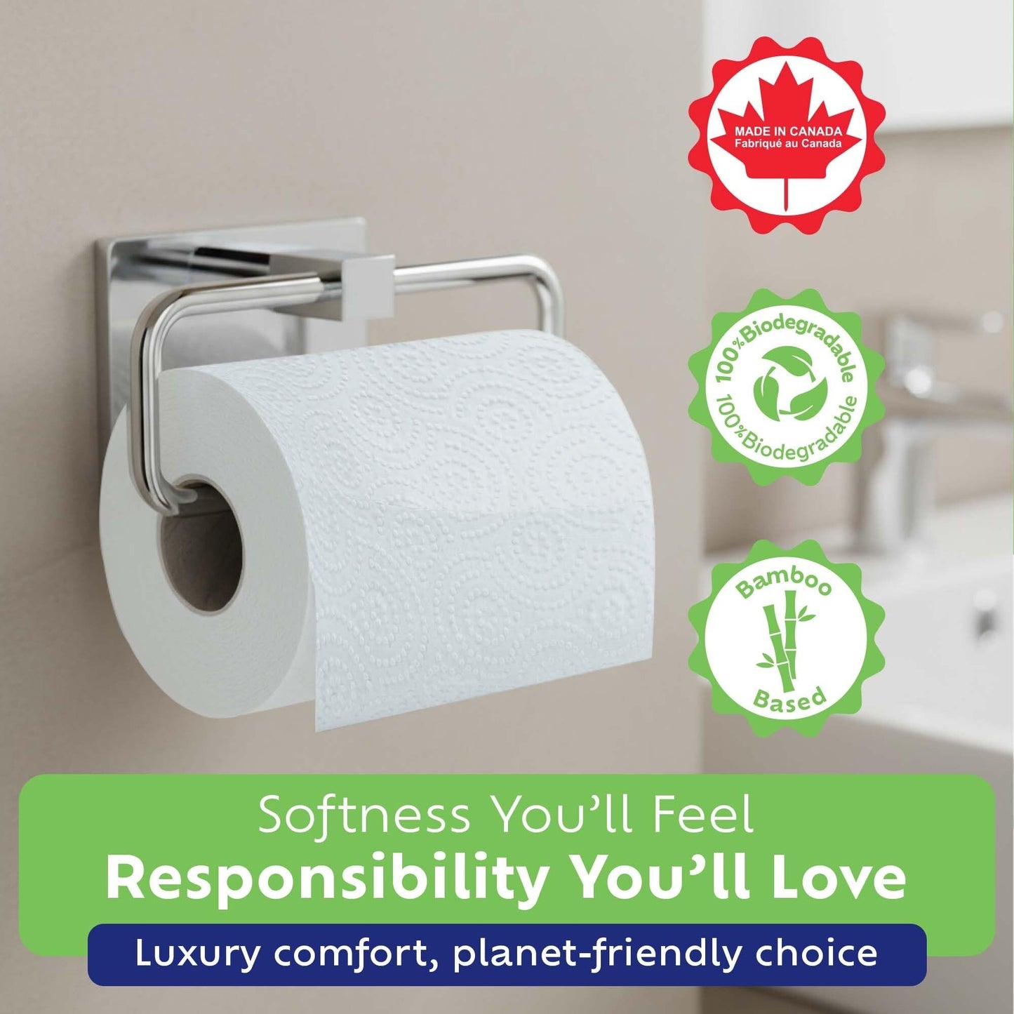 Bamboochi Bamboo Toilet Paper, Septic Safe Toilet Paper 2 Ply 24 Rolls 300 Sheets Per Roll, Soft Unscented Bath Tissue, RV Safe, Eco-Friendly, Non Chlorine, PFAS Free, Proudly Made in Canada