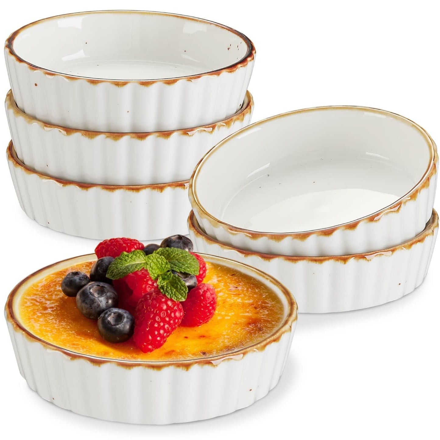 ONEMORE Ramekins 4 oz - Oven Safe Shallow Ramekins with Brown Rim for Creme Brulee - Speckled, Fluted, Set of 6
