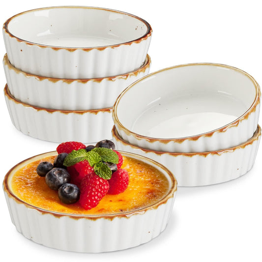ONEMORE Ramekins 4 oz - Oven Safe Shallow Ramekins with Brown Rim for Creme Brulee - Speckled, Fluted, Set of 6