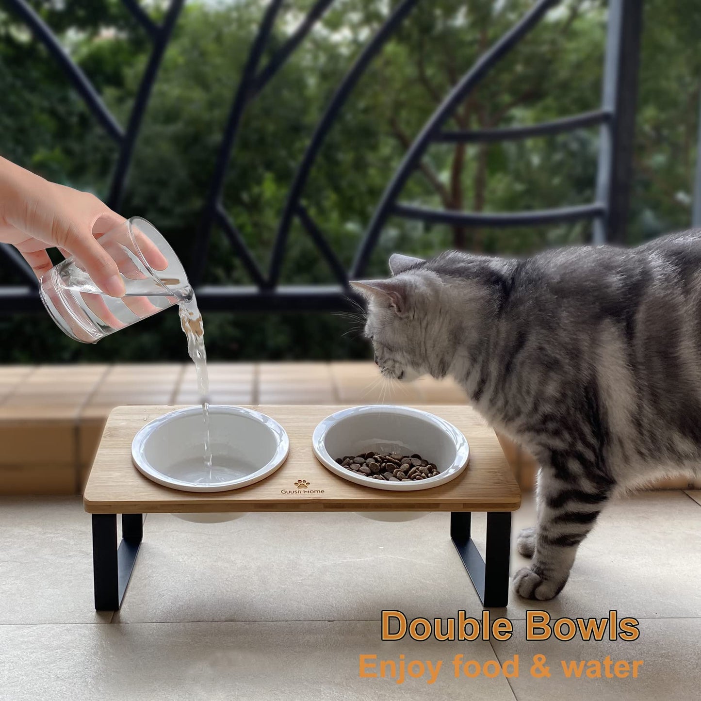 Sunhoo Cat Bowl Elevated Cat Food Water Bowls Raised Kitty Dish Set of 2 Ceramic 15° Tilted Puppy Dishes Pet Bowl with Bamboo Stand Indoor Anti Vomiting (Yellow)