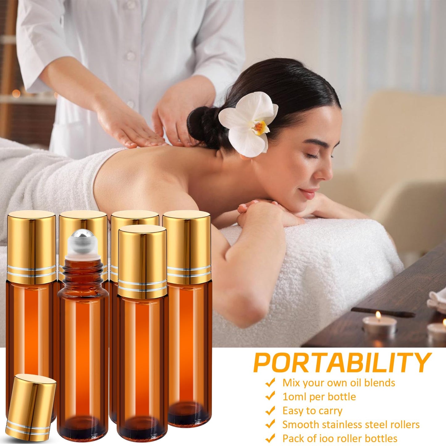 50 Pack Essential Oil Roller Bottles,10ml Glass Roll on Bottles with Funnels, Stainless Steel Roller Balls Bottle Refillable Empty Roll on Perfume Bottle for Travel(Amber)