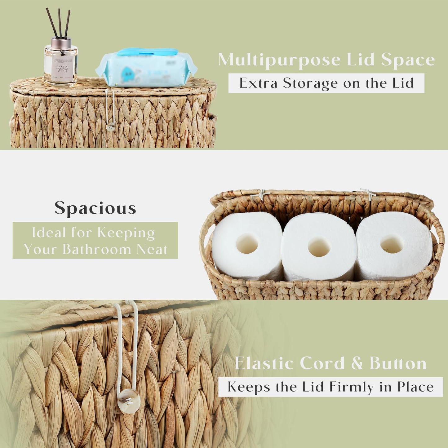YANGQIHOME Toilet Paper Storage, Water Hyacinth Toilet Paper Storage with Lid, Papers Container for up to 6 Mega Rolls, Bathroom Basket Organizer