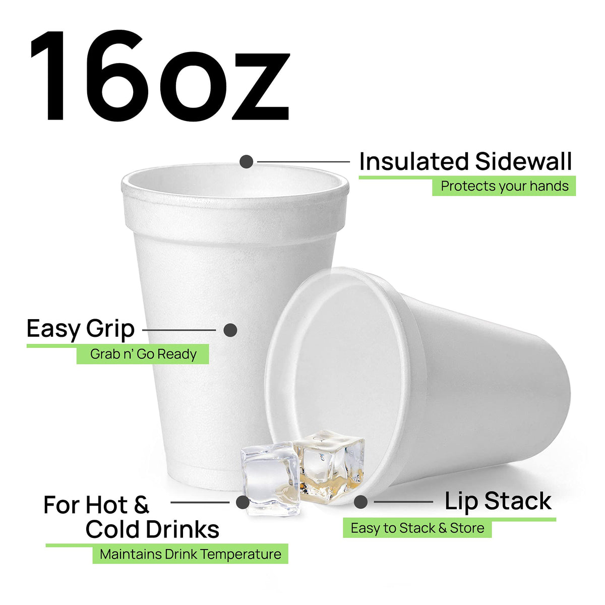 16 Oz Disposable Foam Cups (50 Pack), White Foam Cup Insulates Hot & Cold Beverages, Made in The USA, to-Go Cups - for Coffee, Tea, Hot Cocoa, Soup, Broth, Smoothie, Soda, Juice