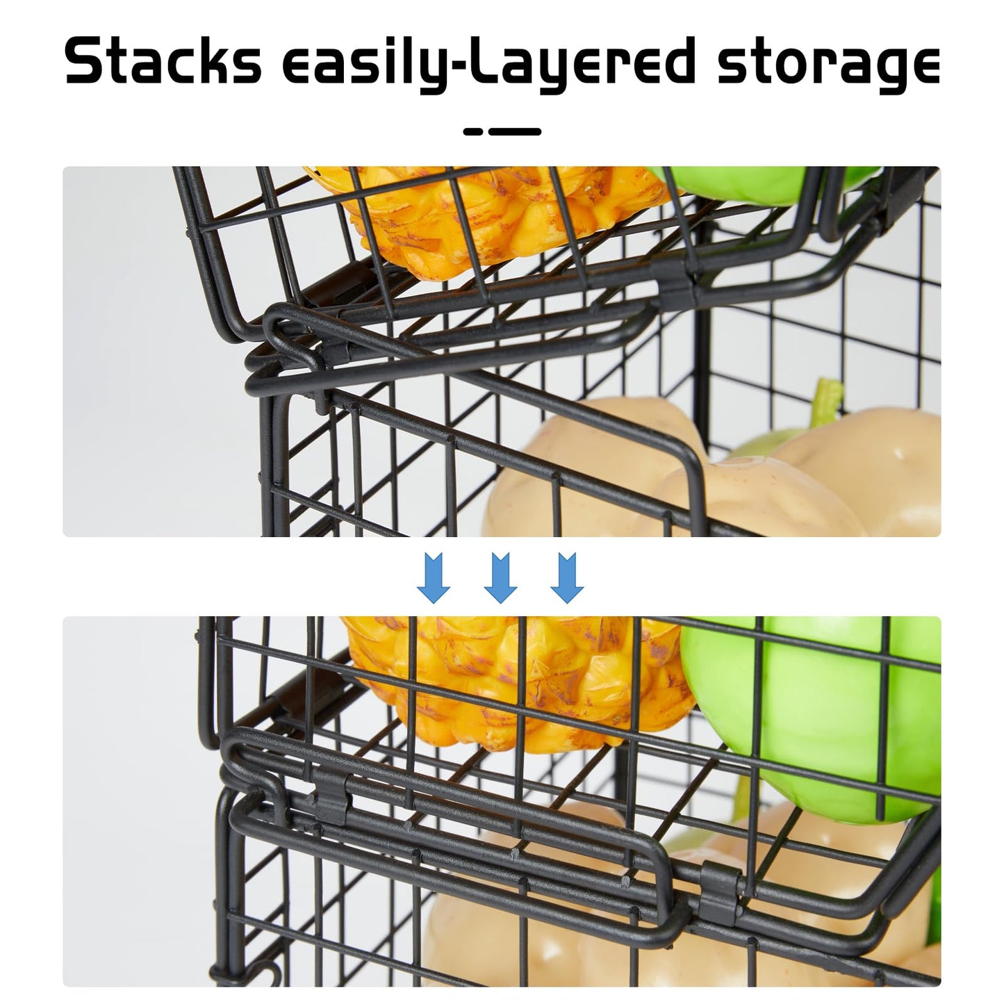 2-Tier Stackable Fruit Basket for Counter, Potato and Onion Storage Bin - Vegetable Basket for Kitchen, Wire Basket for Pantry Organizers- Metal Baskets for Snack Produce Can