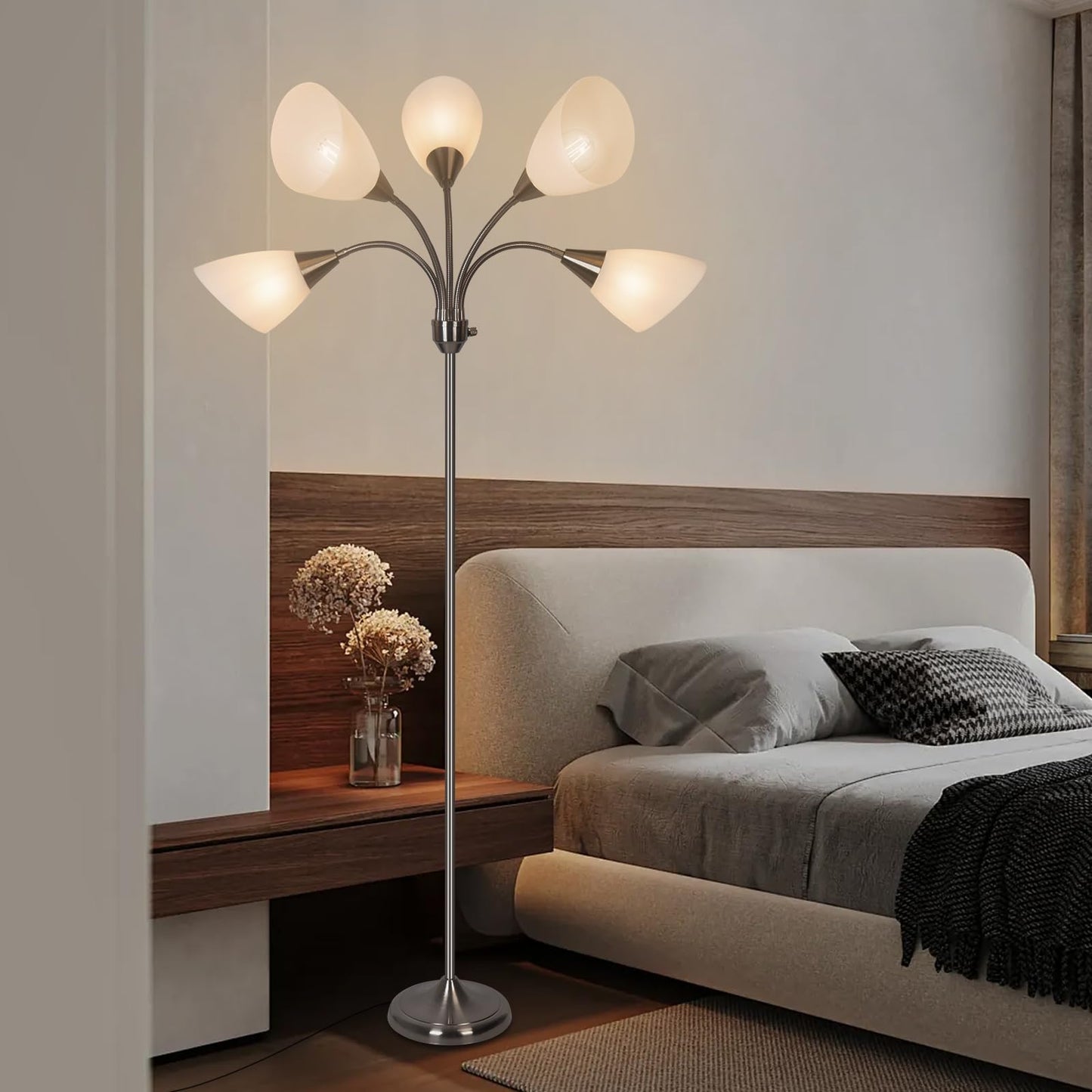 HonoDing Medusa Floor Lamps Standing Lamps 5 Heads Adjustable Reading Light Large Shade Use E26 A19 Bulb Floor Lamps for Living Room Bedroom (Satin Nickel)