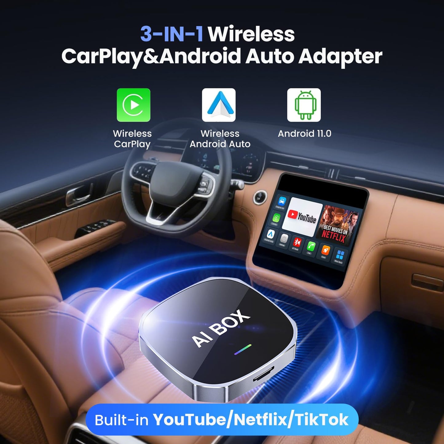 2-in-1 Wireless Apple CarPlay&Android Auto Adapter 2025, Magic AI Box Streaming Dongle Support Netflix/YouTube, Plug&Play, Car Play Wireless Adapter, Only Fit for Cars with Wired CarPlay/Android Auto