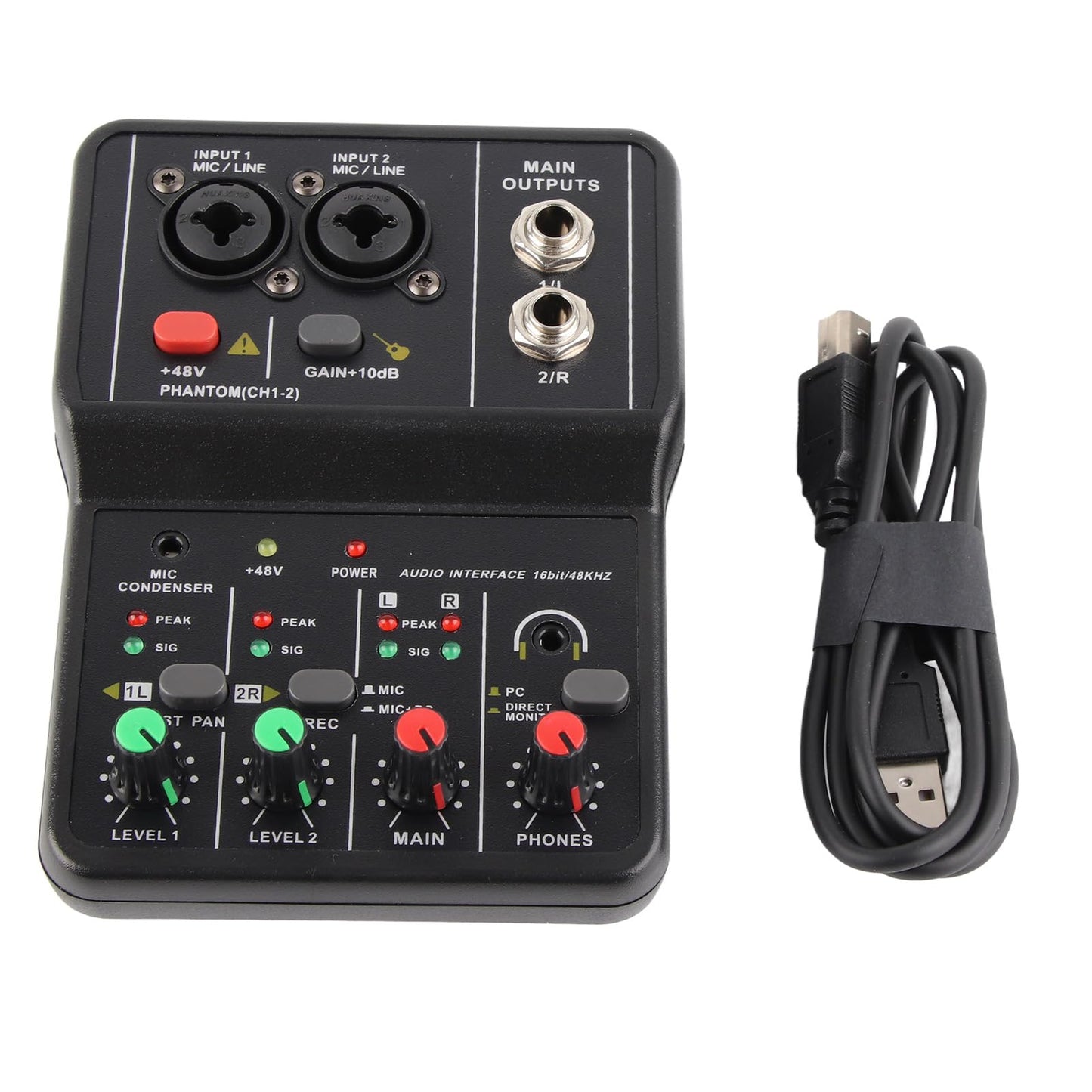 Mixer, Console, USB, 2-Channel Audio Mixer, 48V Power Compact Mixing Console, for Music Recording, Home Karaoke, Internet Karaoke