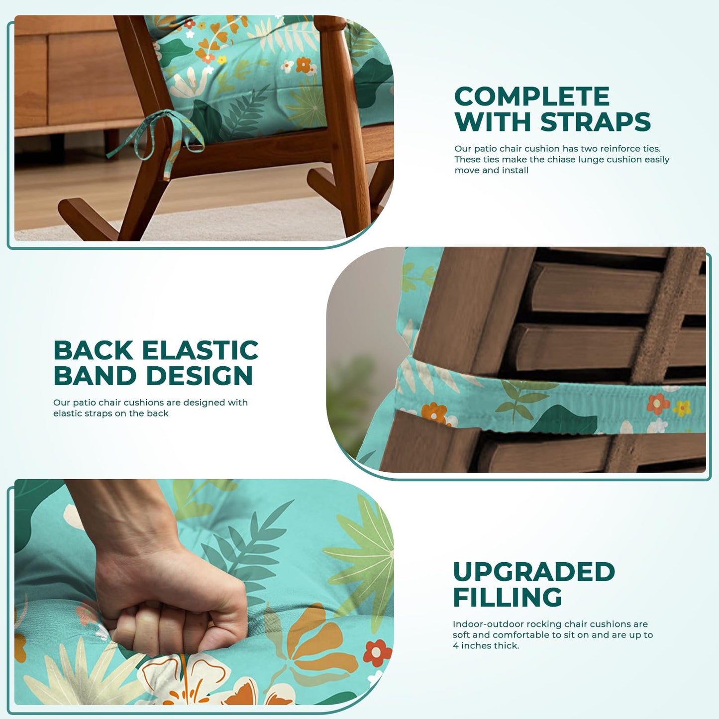Waterproof Adirondack Chair Cushion, Thickened Adirondack Rocking Chair Cushion，Indoor Outdoor Rocking Chair Cushions High Back Patio Chair Cushions with Ties，43x19x4 Inches, Cyan Flower