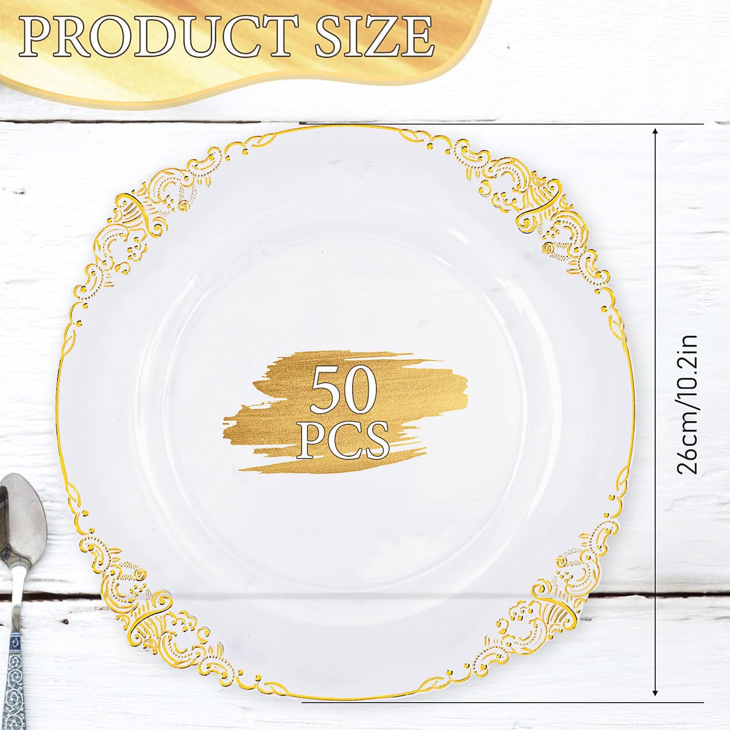 50 Pcs Plastic Plates Plastic Dinner Plates with Gold Rim 10.25 Inch Disposable Party Plates for Weddings Upscale Parties Thanksgiving Tableware (Transparent Gold)