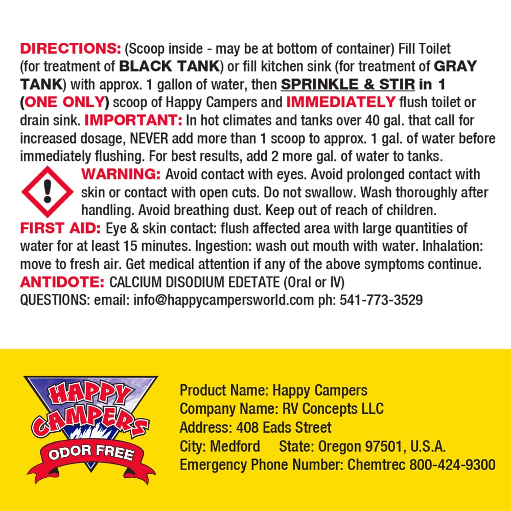 Happy Campers RV Toilet Treatment - Powerful Odor Control, Long-Lasting RV Tank Treatment - Prevents Clogs, Buildup, Sensor Failure - Keeps Holding Tank Clean & Healthy, Odor Free (18 Treatments)