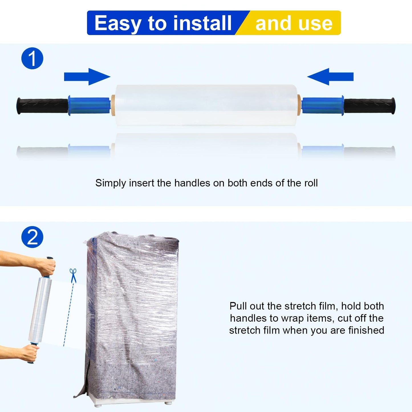 Stretch Film, RAZCC Stretch Wrap Industrial Strength, Shrink Wrap for Pallet Wrap, Heavy Duty Clear Plastic Wrap with Handles, Moving Wrapping Plastic Roll, 15" x 1000 Ft Per Roll, 60 Gauge, 2 Pack