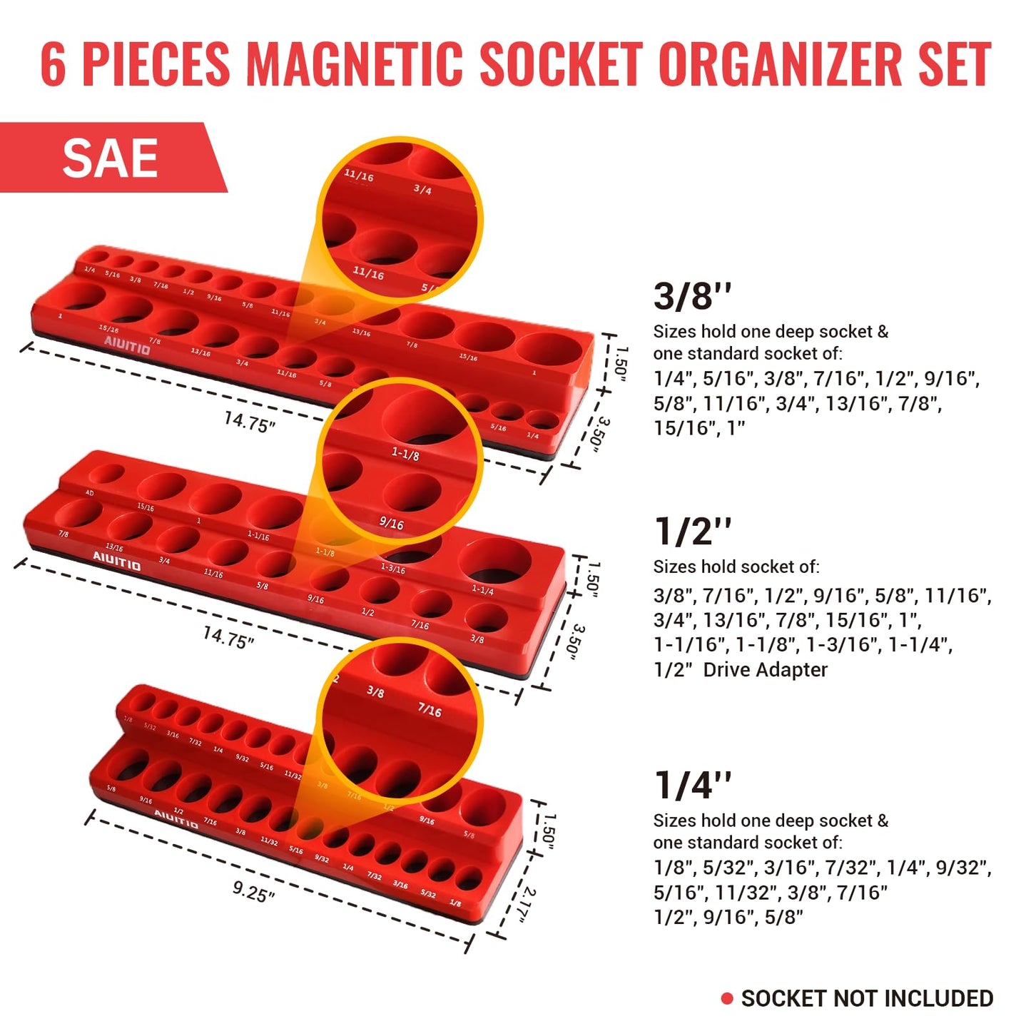 6-Piece Magnetic Socket Organizer Set, Magnetic Socket Holder Includes 1/4", 3/8", 1/2" Drive Metric SAE Socket Trays, Holds 143 Pieces Standard and Deep Sockets(Socket not Included)