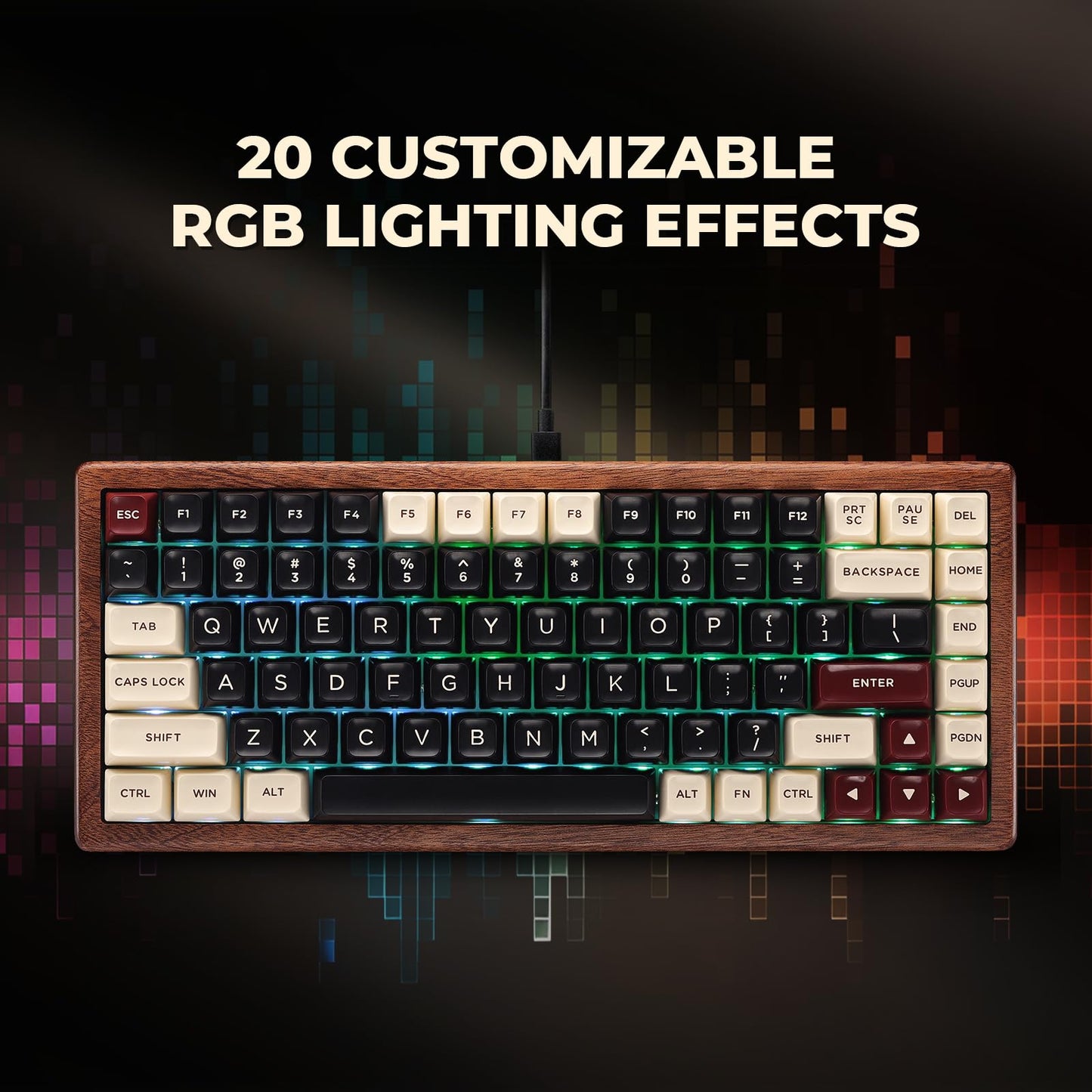 GLENCREAG WK84 USB-C Wired Wooden Mechanical Keyboard, 75% Layout 84 Keys, Gasket Mount, RGB Backlit, Hot-Swappable Green Switches, QMK/VIA Programmable, for Gaming & Typing