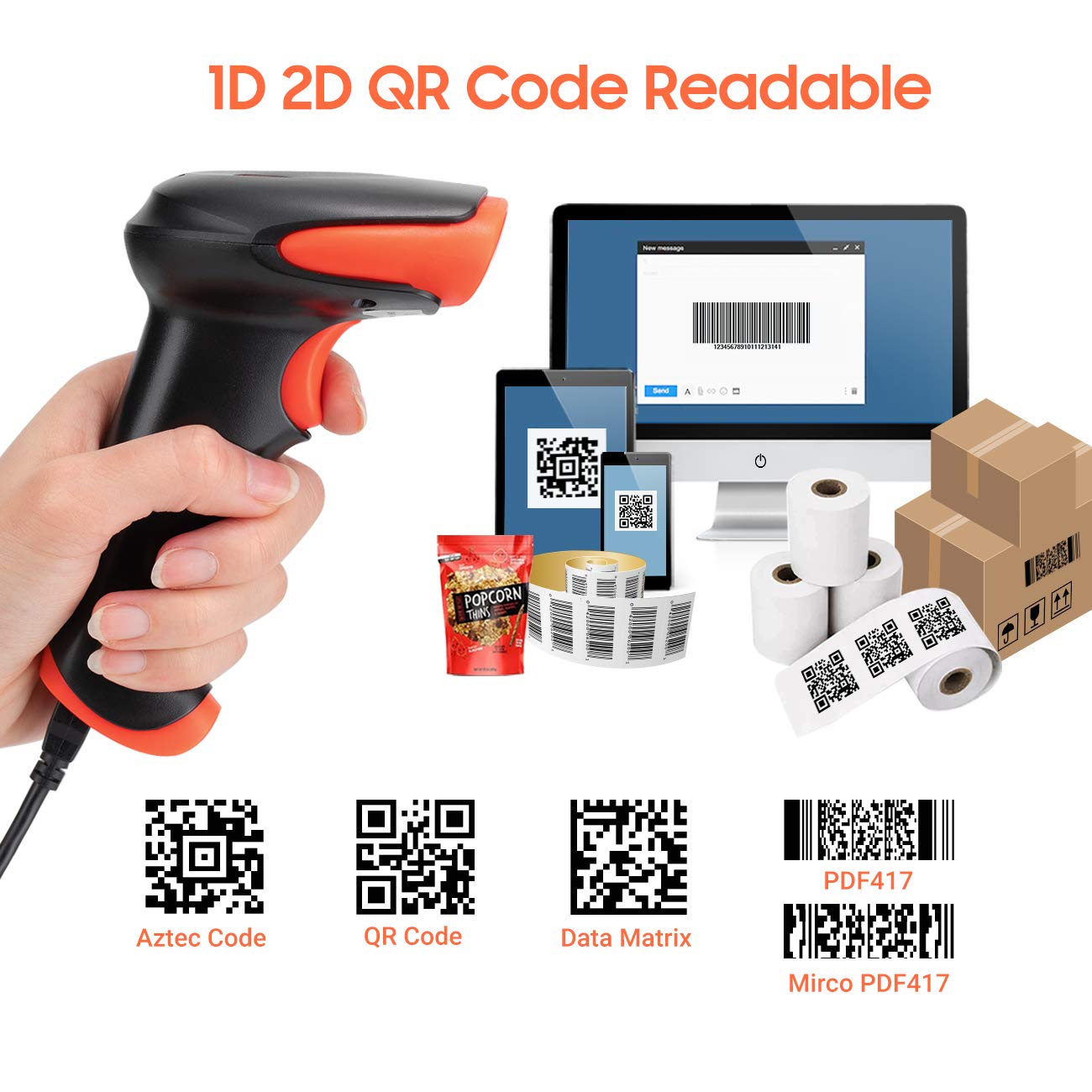 Tera 1D 2D QR Wireless Barcode Scanner Work with Bluetooth & 2.4GHz Wireless & USB Wired Connection Fast and Precise Scanning Image Bar Code Reader with Vibration Alert for Supermarket Store HW0002-O