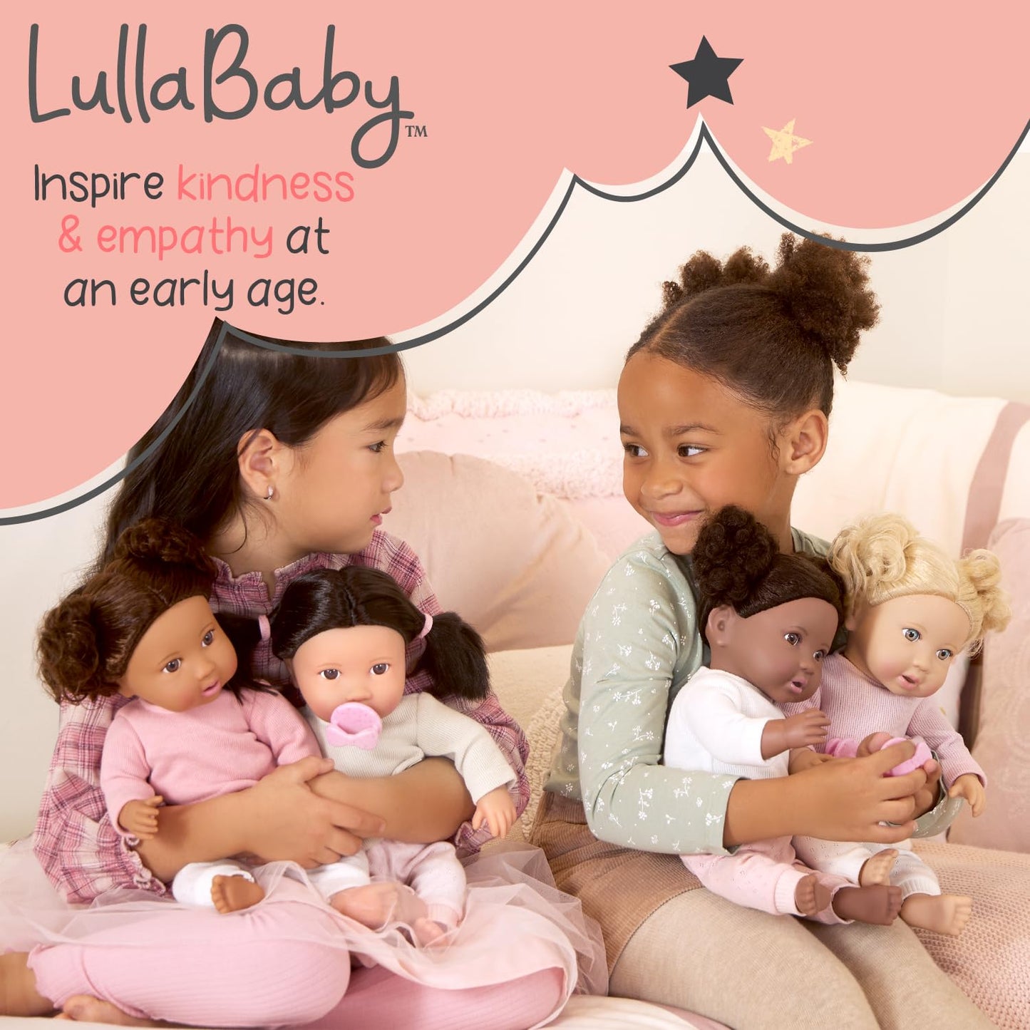 LullaBaby – 14-Inch Realistic Baby Doll – Brown Eyes & Soft Body – Clothing Floral Sleeper, Headband & Pacifier – Plush Bassinet Bed – Pretend Play 2+ Years – Floor Pillow Set