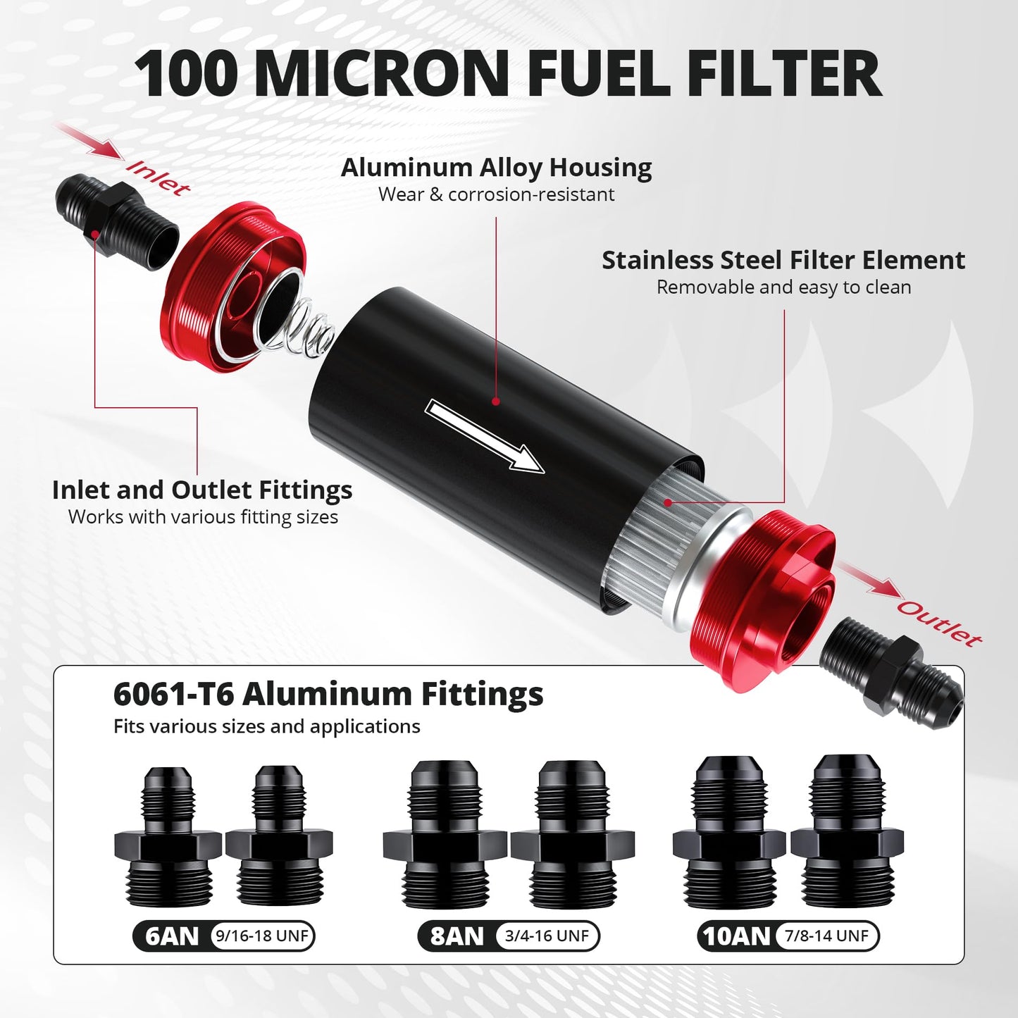 EVIL ENERGY Inline Fuel Filter 100 Micron with 6AN 8AN 10AN Adapter&Bracket Clamp 50MM Universal