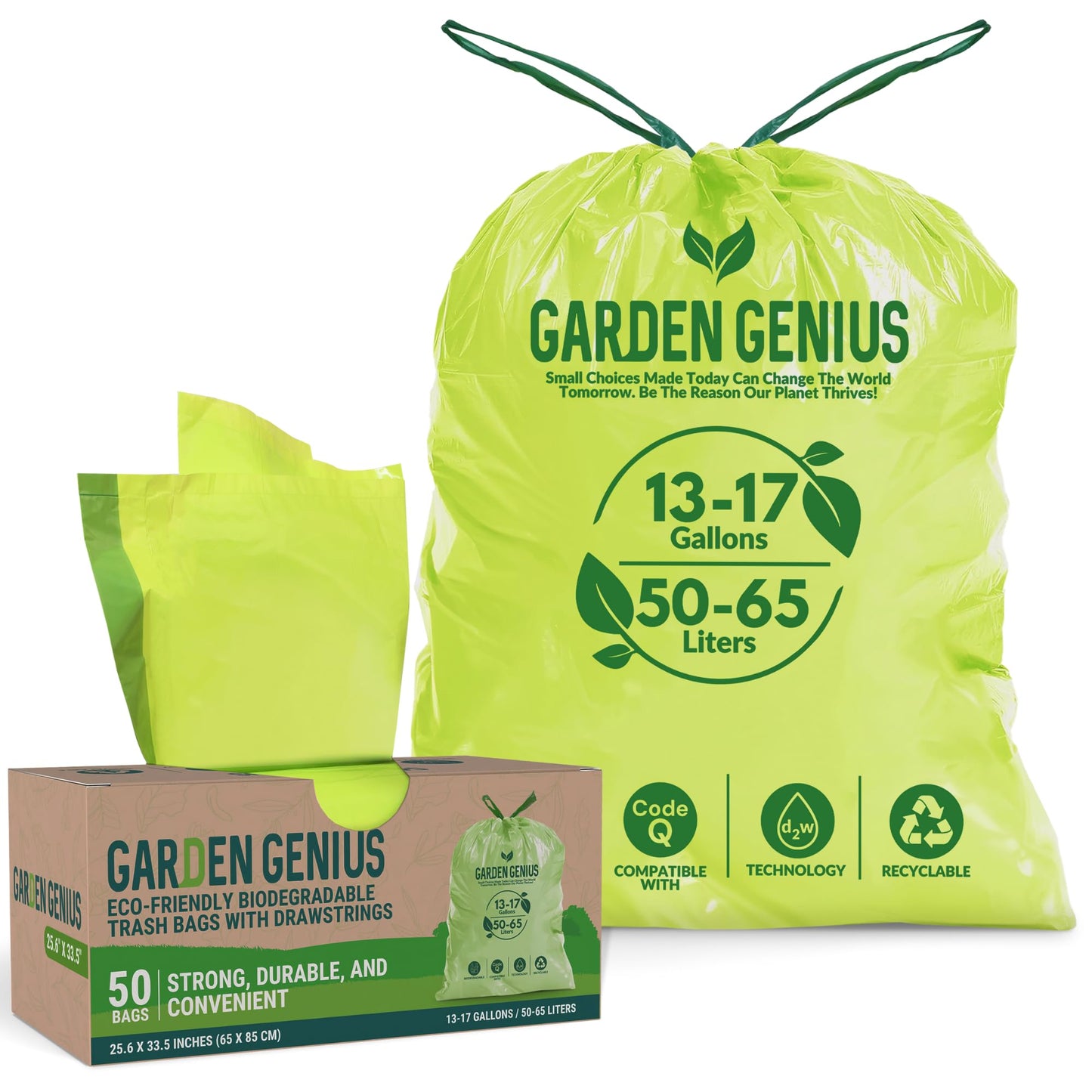 Biodegradable 13-17 Gallon Code-Q Kitchen Waste Bags (50 Pack) | Strong Heavy-Duty Tall Trash Bags w/Drawstring | Fits Simplehuman & Standard Cans | Eco-Friendly D2W, 30 Micron Thick | 25.6" x 33.5"