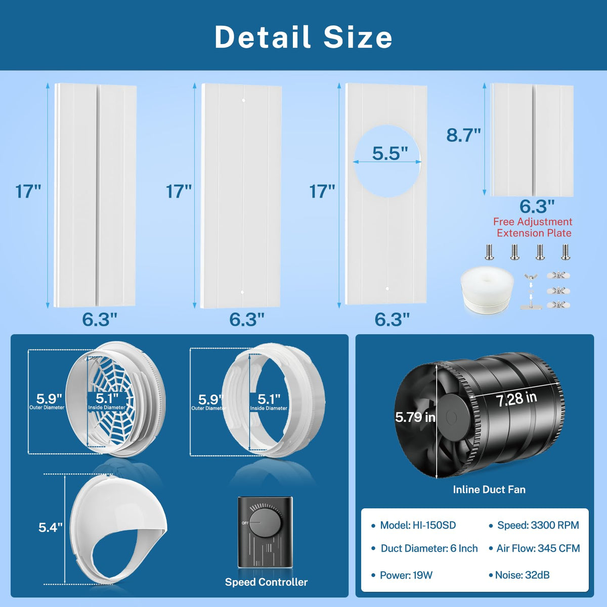 Insputer Portable ac Window Vent Kit with 6 Inline Inch Duct Fan, New Adjustable Air Conditioner Window Seal Kit for Sliding Window, Fit for AC with 5.9 & 5.1 Inch Diameter Exhaust Hose