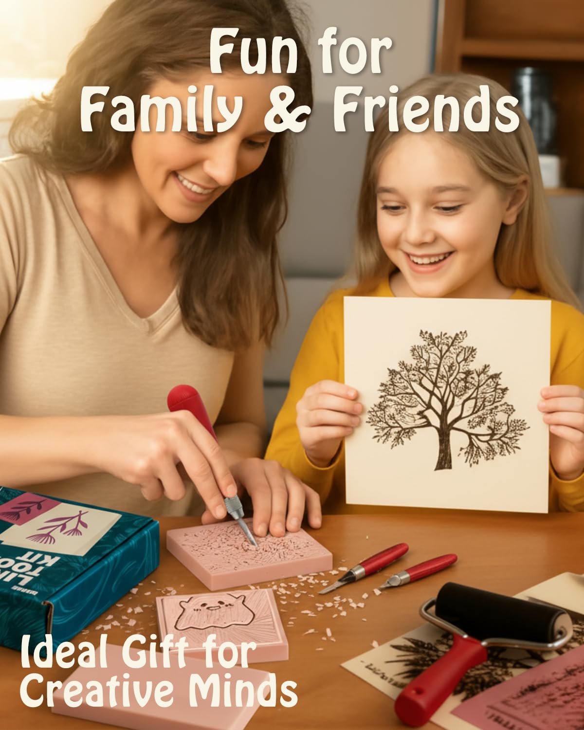 Linocut Kit Block Printing Kit: Stamp Making Kit with Rubber Lino Blocks, Ink, Brayer, Linoleum Cutters, Tracing Papers & Instructions - Hobby Craft Gift for DIY Art Project Beginners