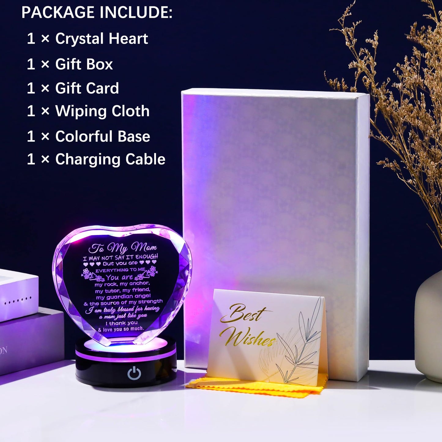 YWHL Gifts for Mom from Daughter Son Moms Birthday Gifts Unique Heart Crystal Laser Words Gift for Mom with Colorful Base on Mothers Day Thanksgiving Day Christmas Valentine's Day