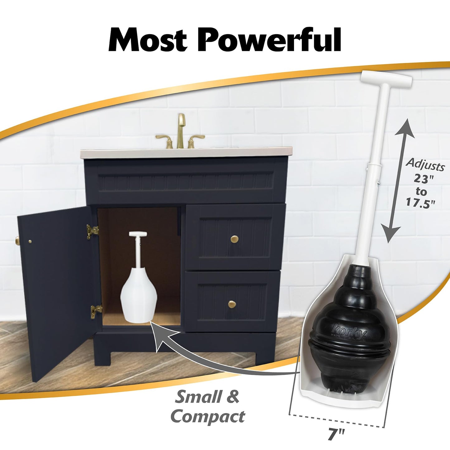 Korky BeehiveMAX Hideaway - Heavy Duty Toilet Plunger with Holder - Drip Free Carry - Seals All Bowl Shapes – Powerful Clog Removal, 97-5