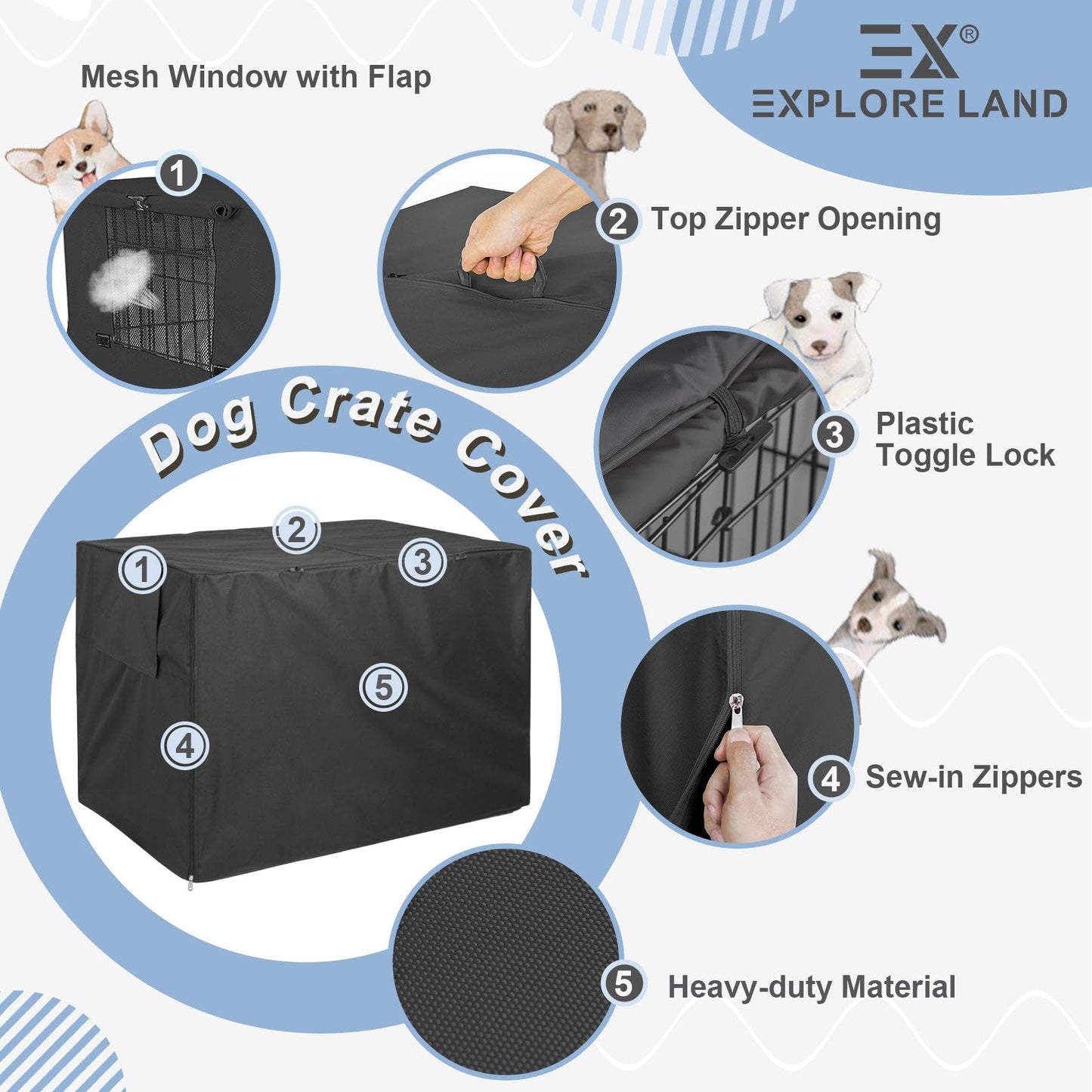 Explore Land 48 inches Dog Crate Cover - Durable Polyester Pet Kennel Cover Universal Fit for Wire Dog Crate (Black)