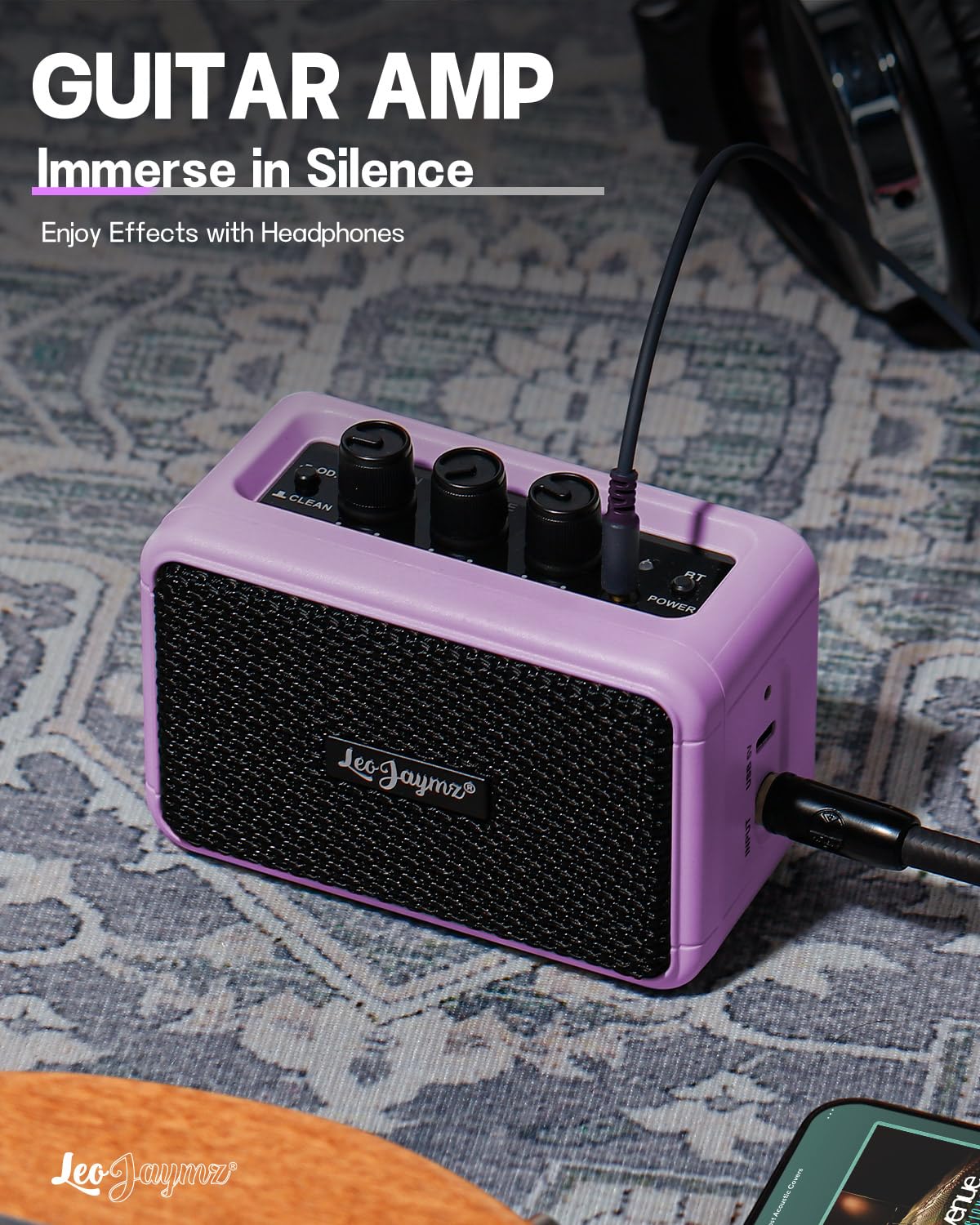 Leo Jaymz Mini Guitar Amplifier - 5W Dual Speaker BT Wireless Guitar Amp， Rechargeable Battery, Clean/Overdrive Modes, Headphone Jack,Ideal for Practice & Performance (Purple)
