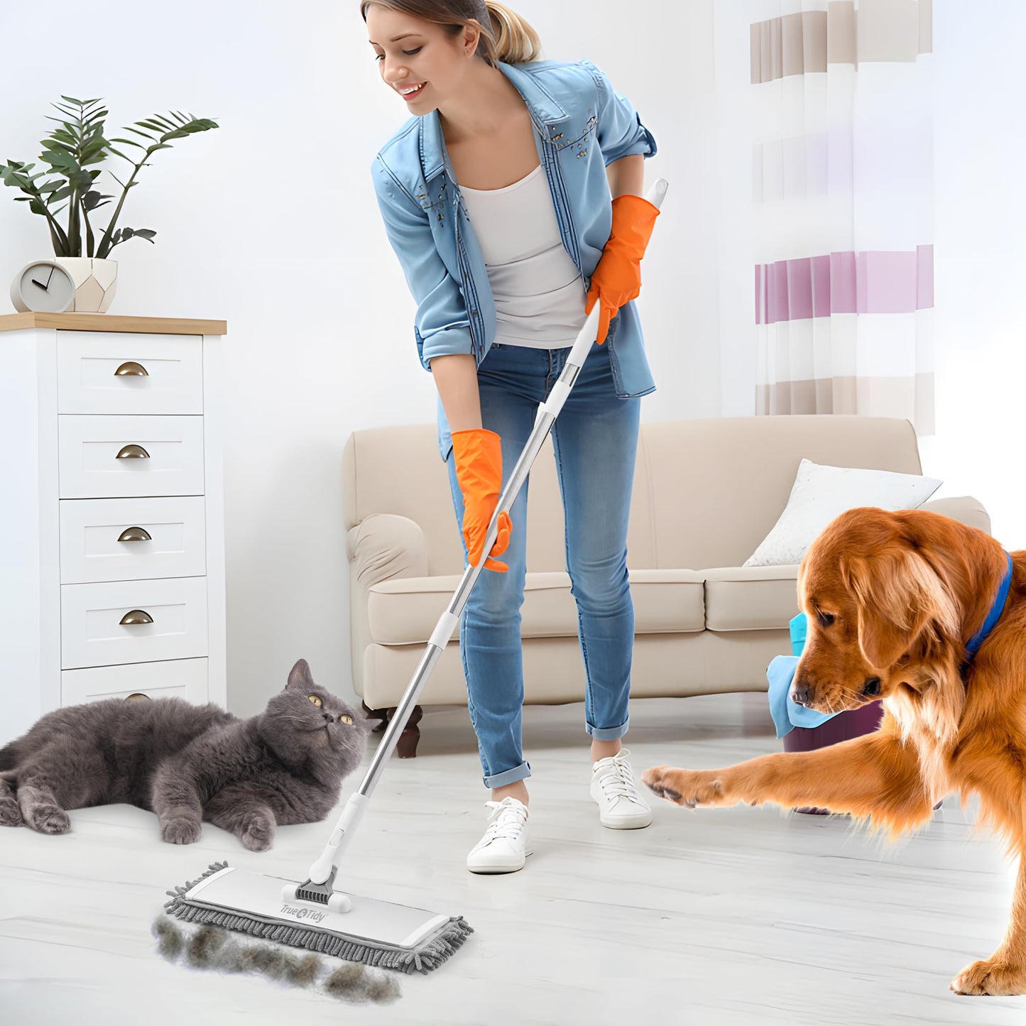 True & Tidy SWEEP-180A Heavy Duty Wet and Dry Sweeper Dust Mop, Includes 1 Microfiber and 1 Chenille Mop Pad, Aluminum Mop Head, for All Types of Floors