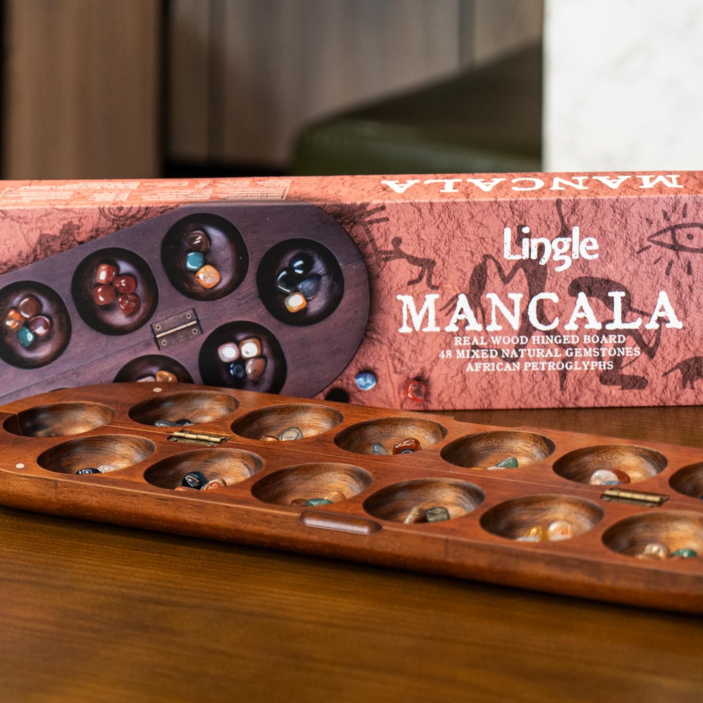 Deluxe Mancala Set: Real Wood Hinged Board with 48 Mixed Natural Gemstones - Authentic African Petroglyphs, Foldable Design for 2-Player Strategy Game
