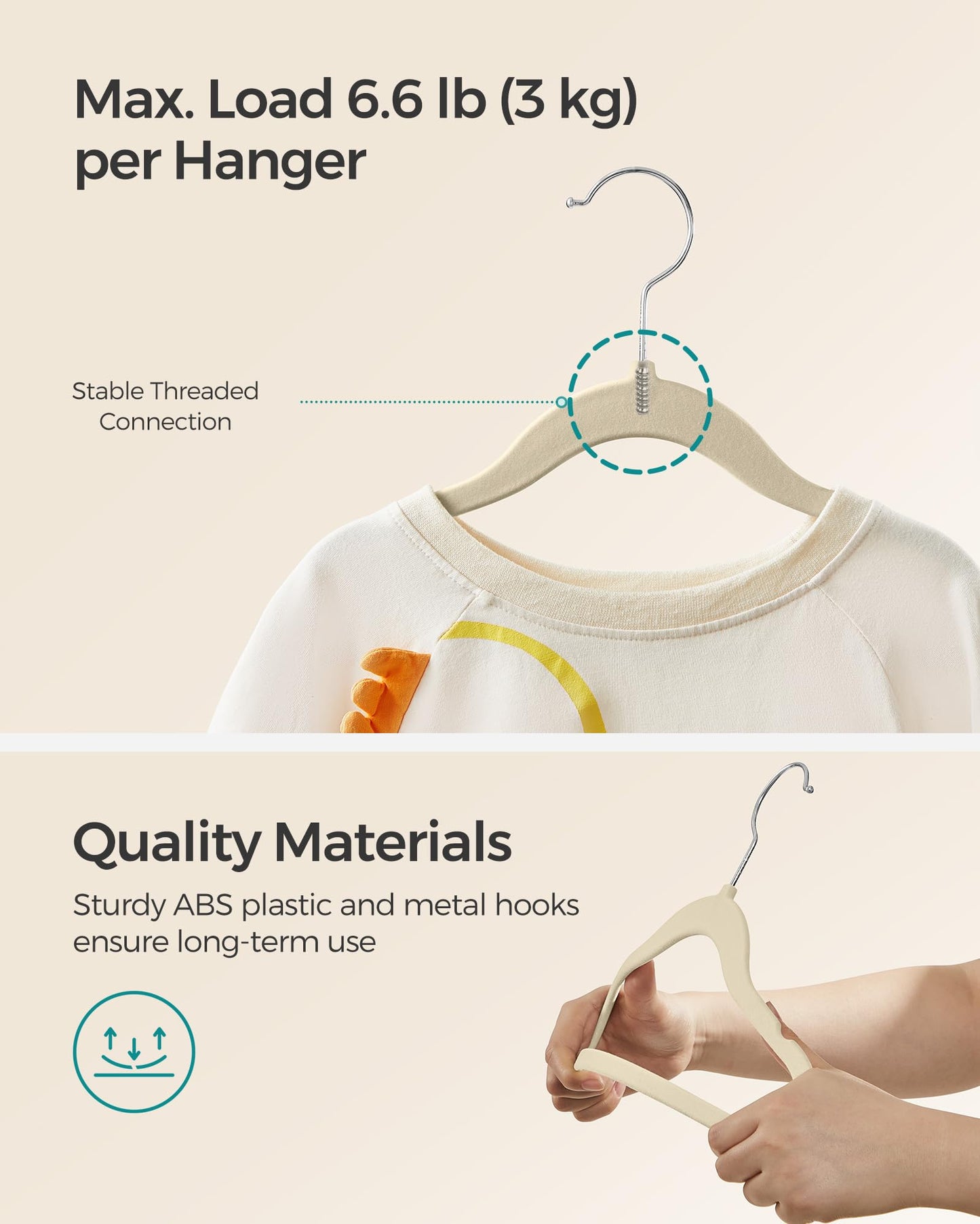SONGMICS Baby Kids Hangers 50 Pack for Closet, 11.8 x 8.1 Inches, Silver 360° Swivel Hooks, Space-Saving Clothes Velvet Hangers for Nursery, Non-Slip, Summer Sand UCRF027K05