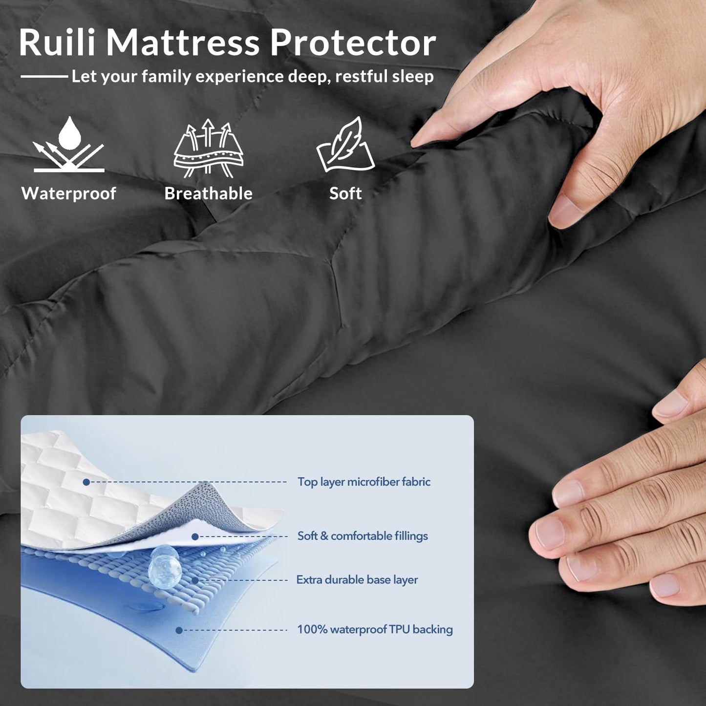 King Size Mattress Protector Waterproof Washable Mattress Padded Cover Fitted Bed Protection Noiseless Plastic Bed Pad Deep Pocket Up to 18“ Soft and Breathable（Gray）