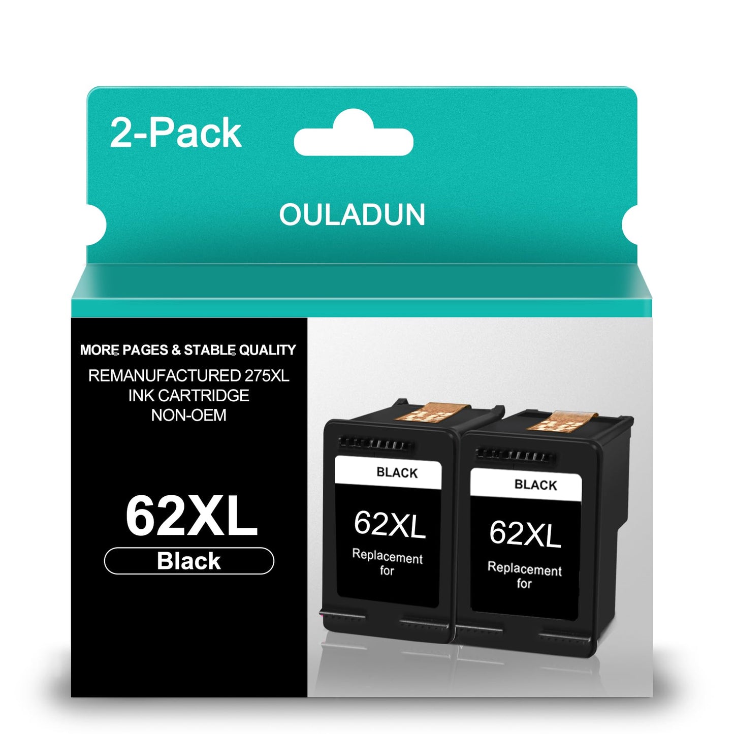 62XL High-Yield | Replacement for HP 62 XL Black Ink Cartridge Work with DeskJet 2622 2624 2652 2655 3720 3752 3755 3721 3722 3723 3758 3730 3732 Envy 5052 5058 5055 Printer (2 Black)