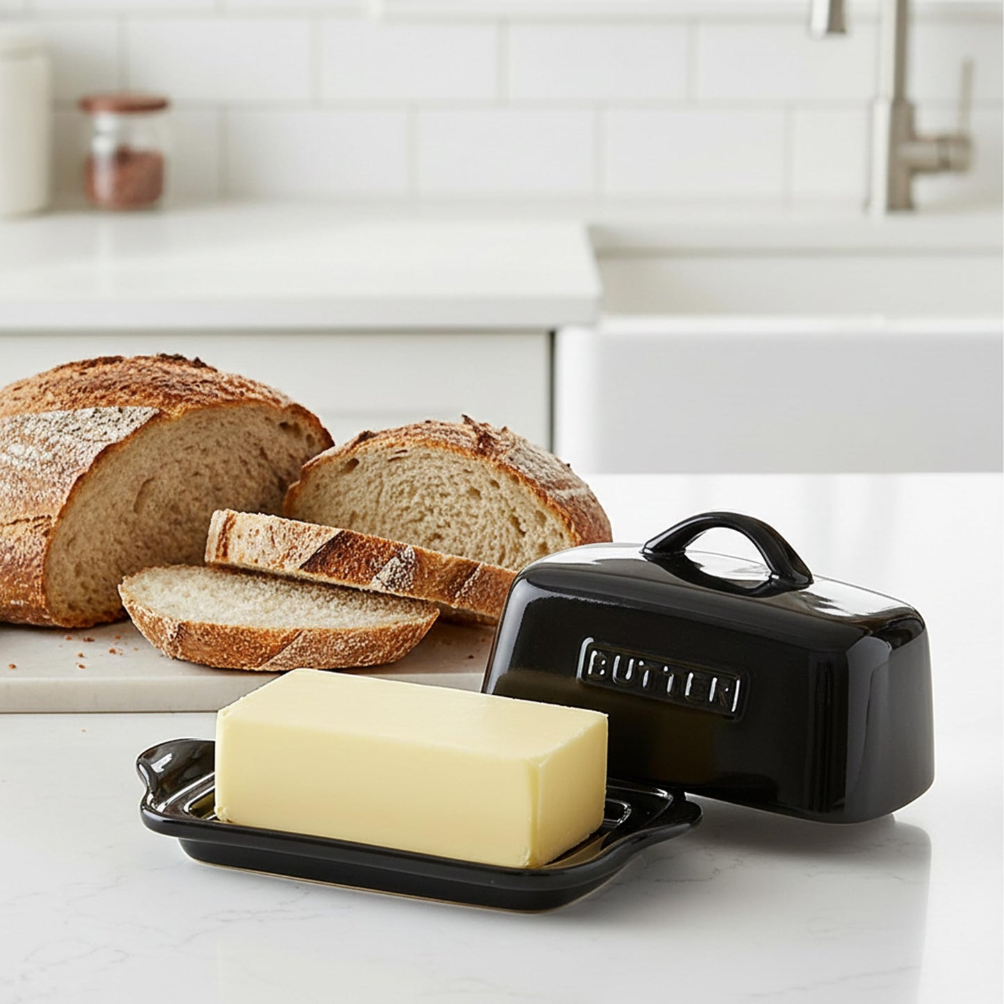 Zulay Butter Dish with Lid – Large 1 lb Canadian Size, Black Porcelain Butter Tray & Butter Container for Countertop or Refrigerator - Black