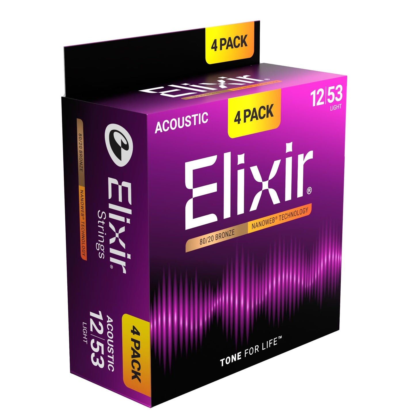 Elixir Strings, Acoustic Guitar Strings, 80/20 Bronze with NANOWEB Technology, Longest-Lasting Bright and Focused Tone with Comfortable Feel, 4 Pack, Light 12-53