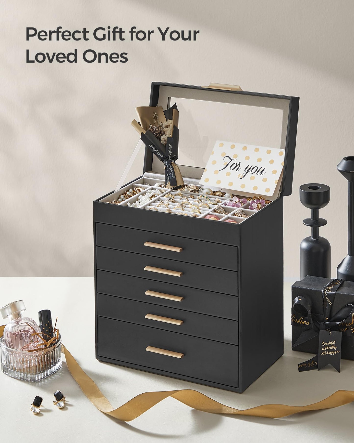 SONGMICS GISELLA Collection - Jewelry Box Organizer, 6-Layer Jewelry Storage with 5 Drawers, Shiny Metal Hardware, Glass Lid, Modern, 16.3 x 25.1 x 29 cm, Ink Black and Gold Color UJBC171B01
