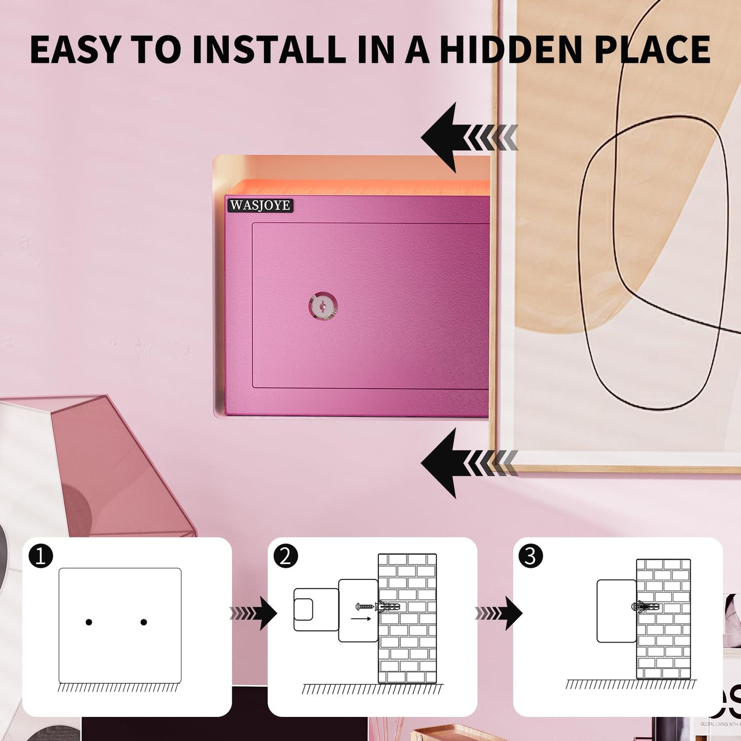 WASJOYE Home Cabinet Safe Box, Key Lock Coffre Fort High Security Safety Box, Safes for Home Office Hotel, Cabinet Safe Box for Money Cash Jewelry Medicine Passport (0.5 Cu Ft, Pink)