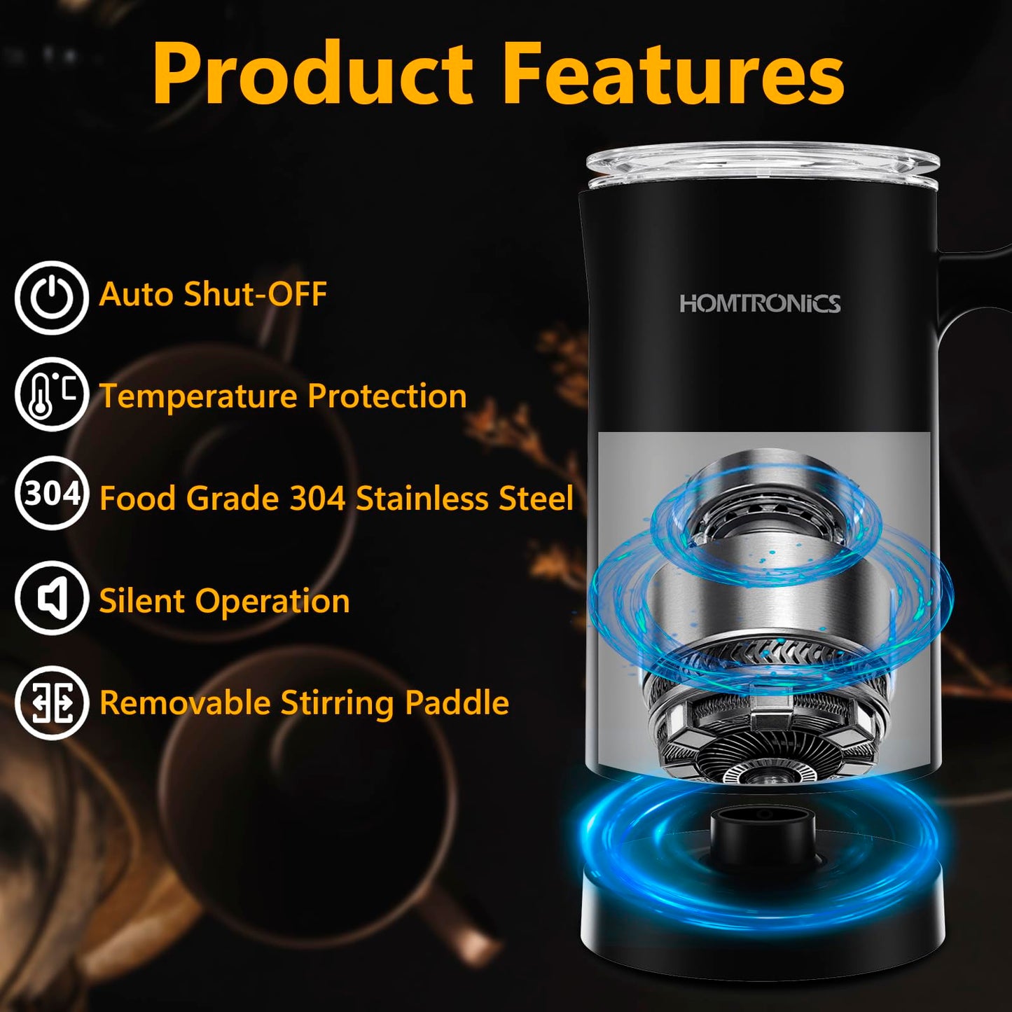 Milk Frother 4 in 1, [Upgraded 14.5 oz/430ml Capacity] 304 Stainless Steel Electric Milk Frother and Steamer with Cold & Hot Froth for Latte Cappuccino, Homtronics Automatic Coffee Foam Maker
