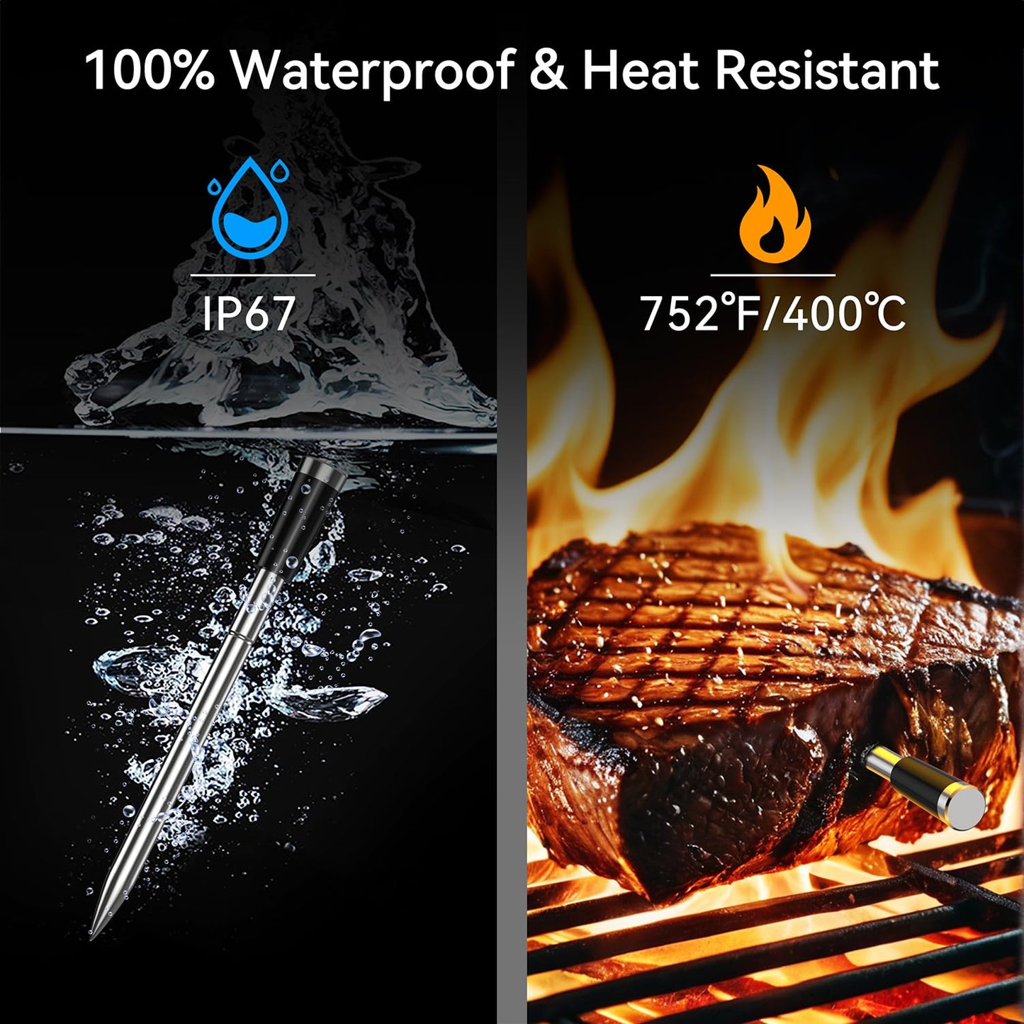 BFOUR Meat Thermometer Wireless with LCD Booster, 524FT Bluetooth Meat Cooking Thermometer, Smart App Remote Monitoring, Wireless Meat Thermometer for BBQ, Oven, Grill Smoker, Rotisserie
