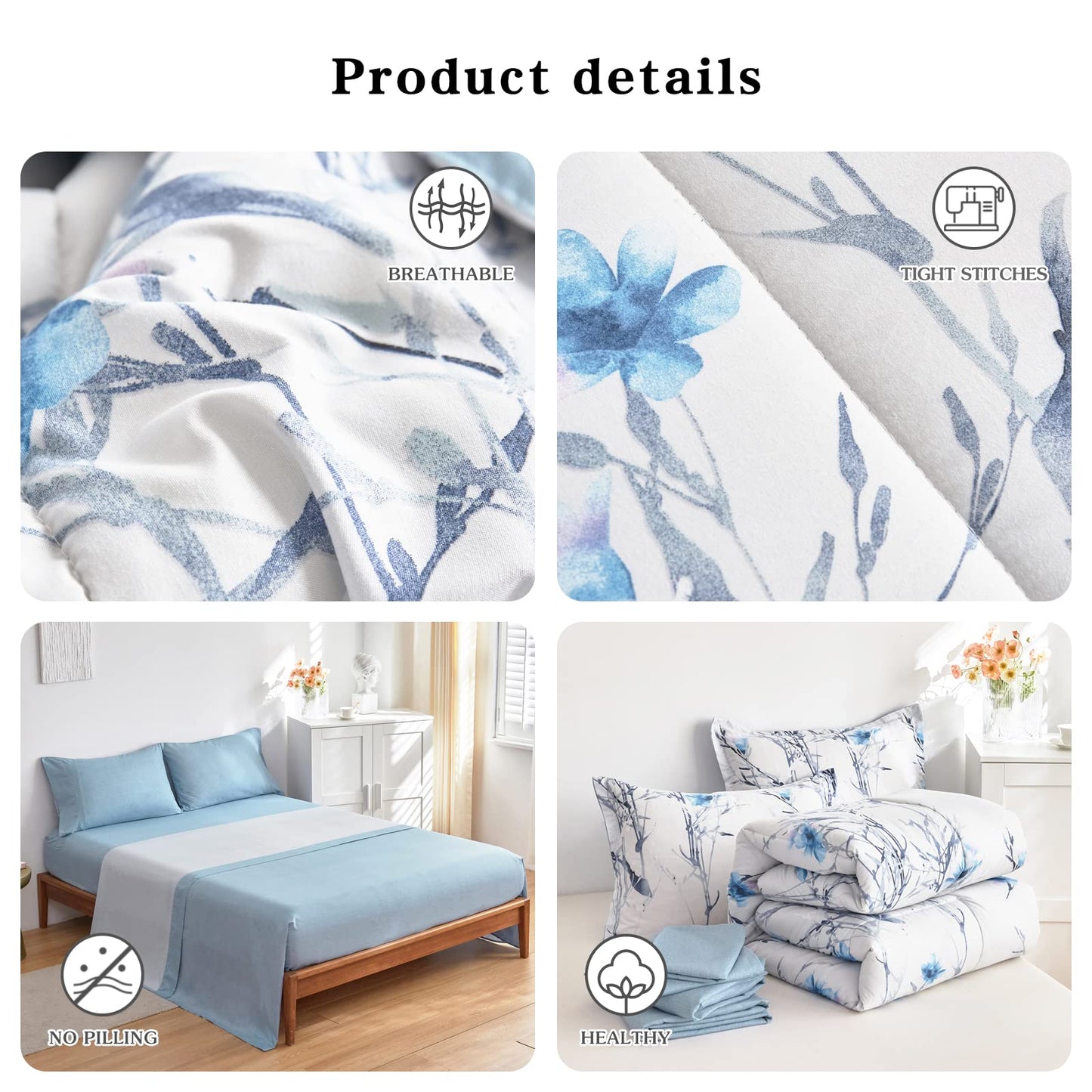 7 Pieces Bed in a Bag Queen Comforter Set with Sheets, Blue Flower Branch on White Botanical Bedding Sets for All Season (1 Comforter, 2 Pillow Shams, 1 Flat Sheet, 1 Fitted Sheet, 2 Pillowcases)