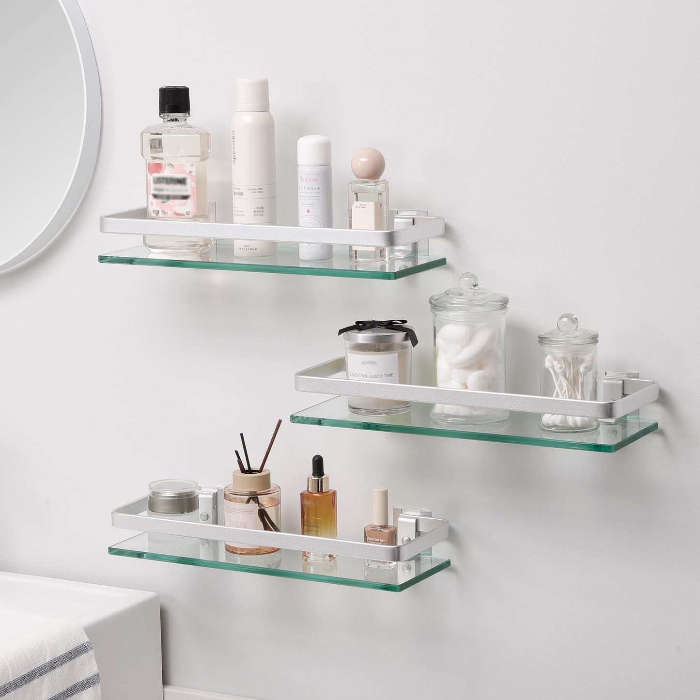 KES Bathroom Glass Shelf Tempered Glass Shelf 13.8 inch, Aluminum Extra Thick 8MM Glass Shelves Over Toilet 1 Tier Rectangular Clear Glass Shelf 3 Packs, Wall Mounted, Silver, A4126A-P3