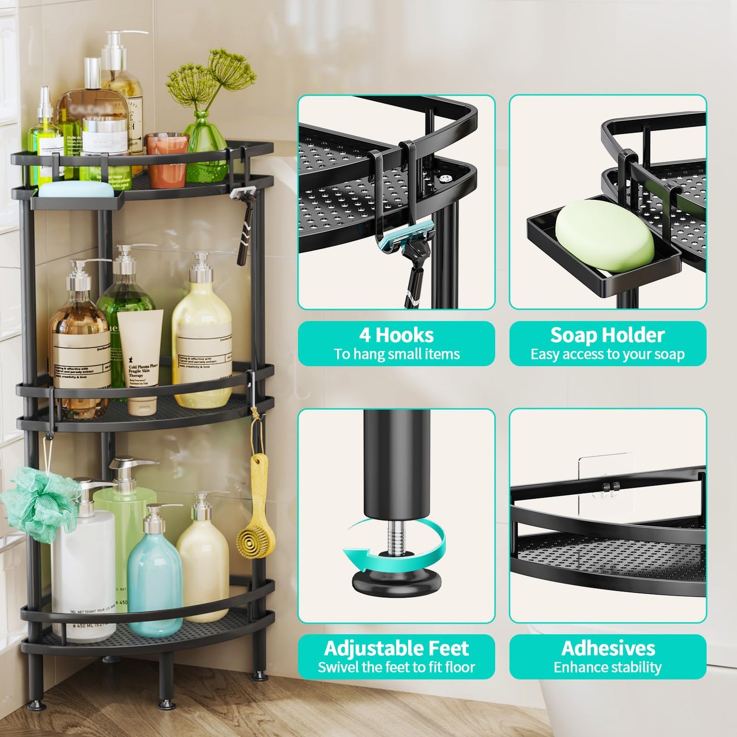 HapiRm Standing Shower Caddy Corner - 3 Tier Corner Shower Shelves with Soap Holder and 4 Hooks, Rustproof Shower Organizer Corner with Adhesives, Black