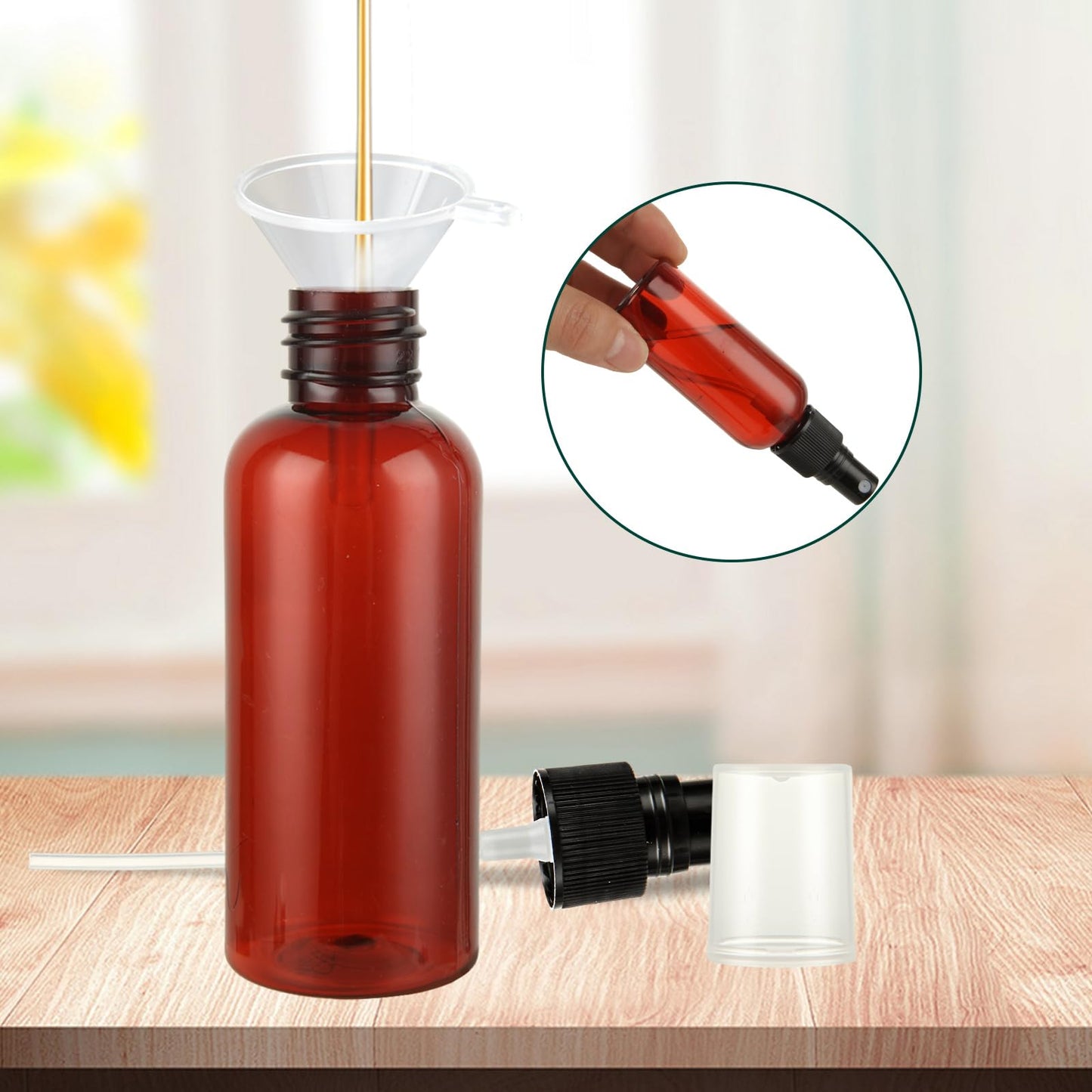 2oz Small Spray Bottle, 60 Pcs Amber Plastic Spray Bottles Fine Mist Mini Spray Bottles Refillable Liquid Containers with Labels and 5 Funnel for Travel, Hair, Perfumes, Plants(60ml)