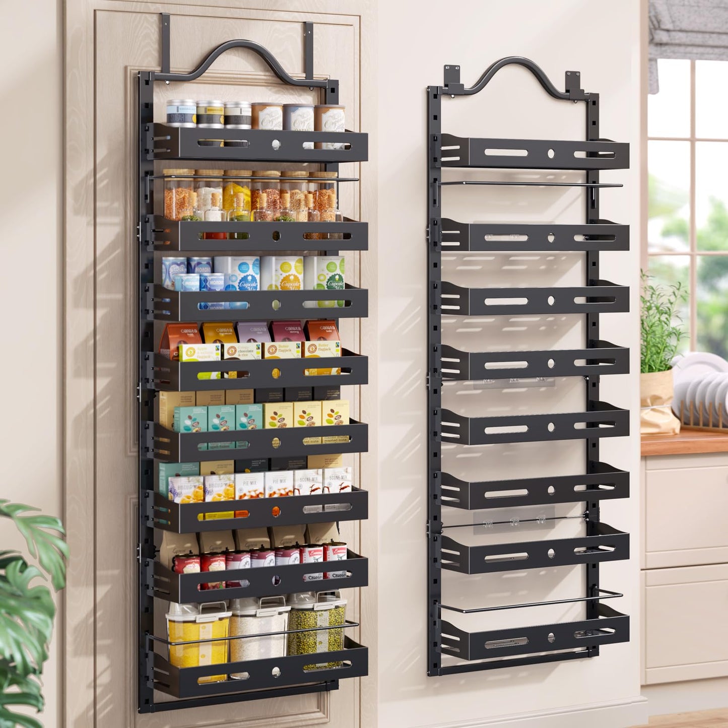 8-Tier Over The Door Pantry Organizer Pantry Organization and Storage with Adjustable Basket, Door Spice Rack for Kitchen, Bathroom (Black, 8-Tier (17.1"W x 5.7"D x 72.6"H))