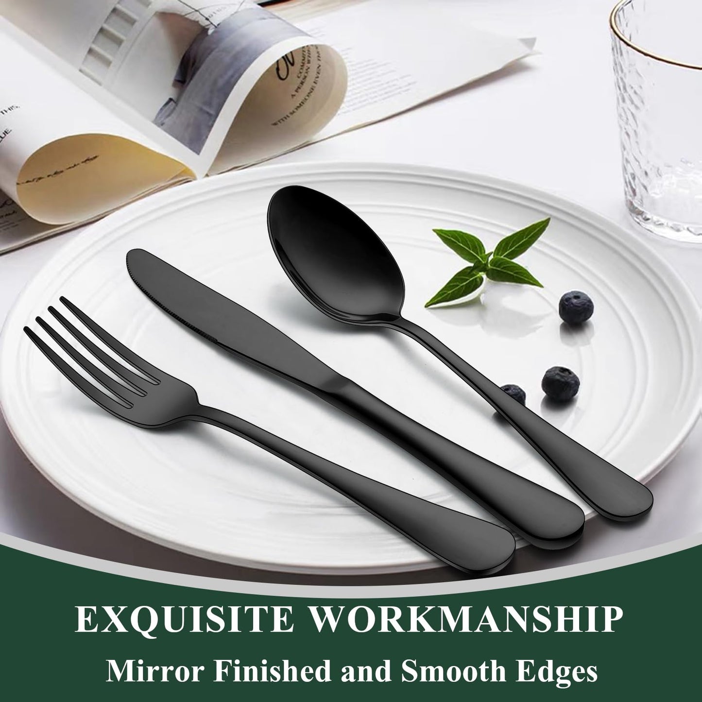 Wildone 60-Piece Black Silverware Set, Stainless Steel Flatware Cutlery Set Service for 12, Tableware Eating Utensils Include Knives/Forks/Spoons, Mirror Polished, Dishwasher Safe
