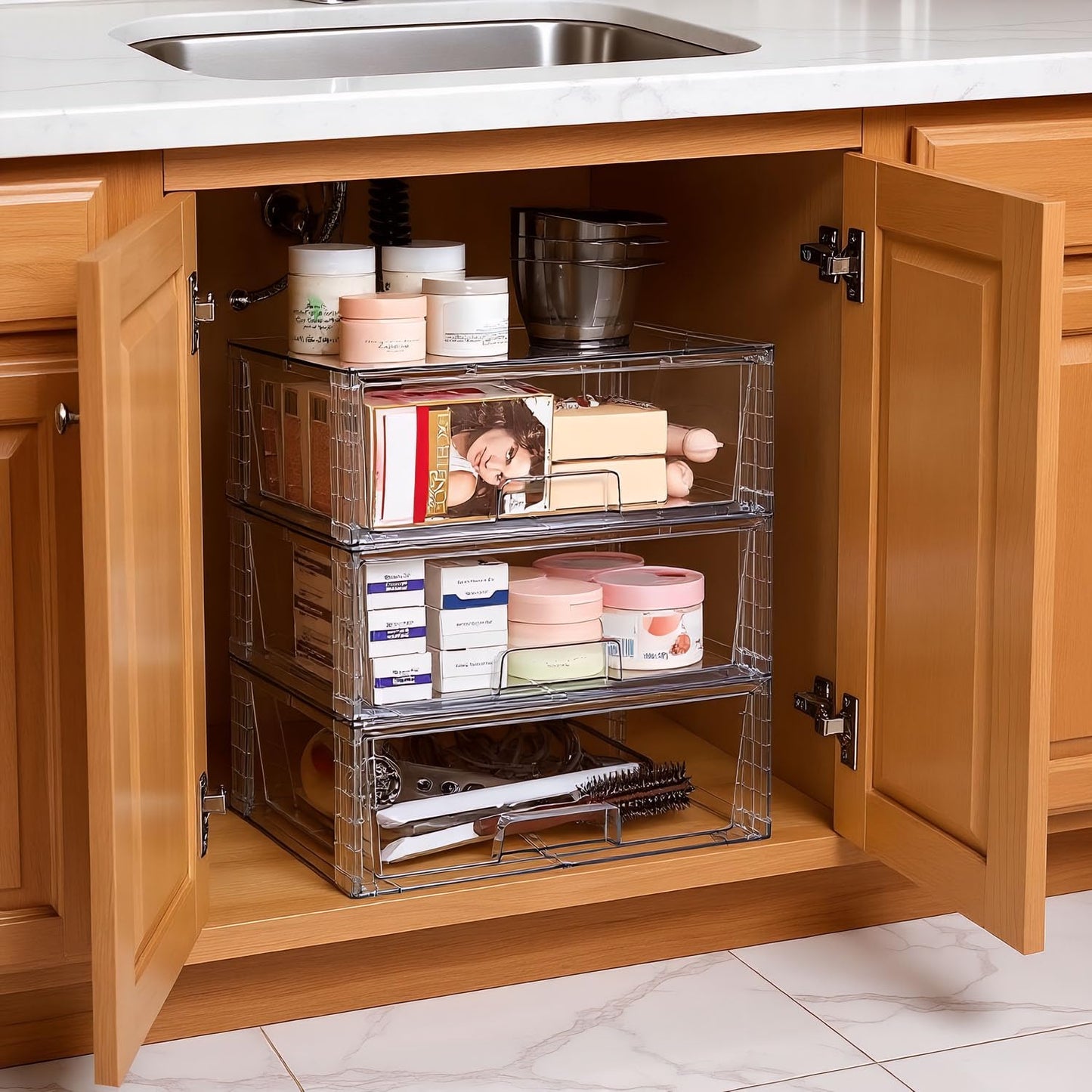 XWYWX Wide Large Stackable Storage Drawers(2 Pack),Multi-purpose Clear Plastic Organizer Bins with Handles, Easy to Assemble for Bathroom Home Closet Under Sink Kitchen Pantry Medicine Cabinet